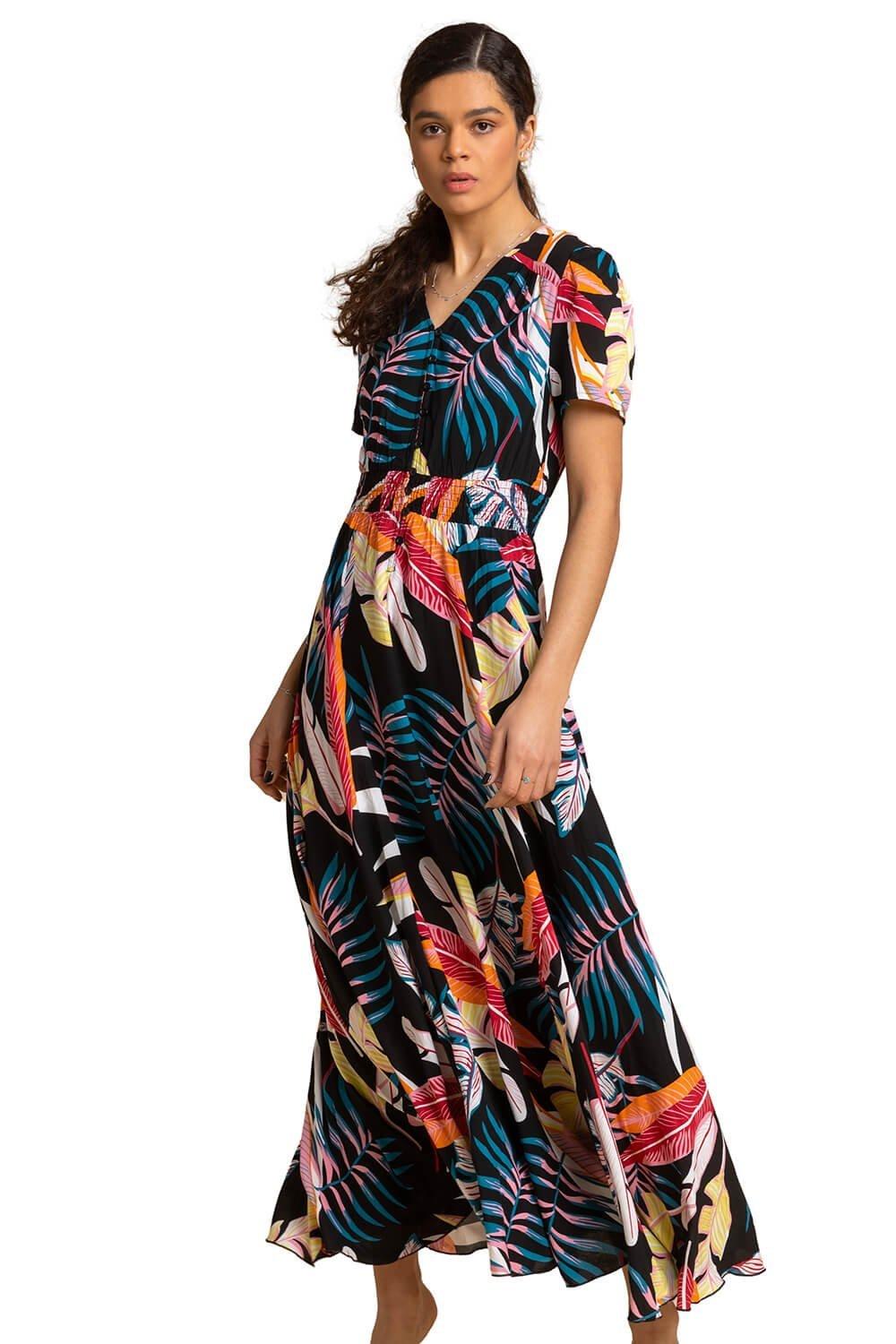 Tropical Palm Shirred Waist Maxi Dress