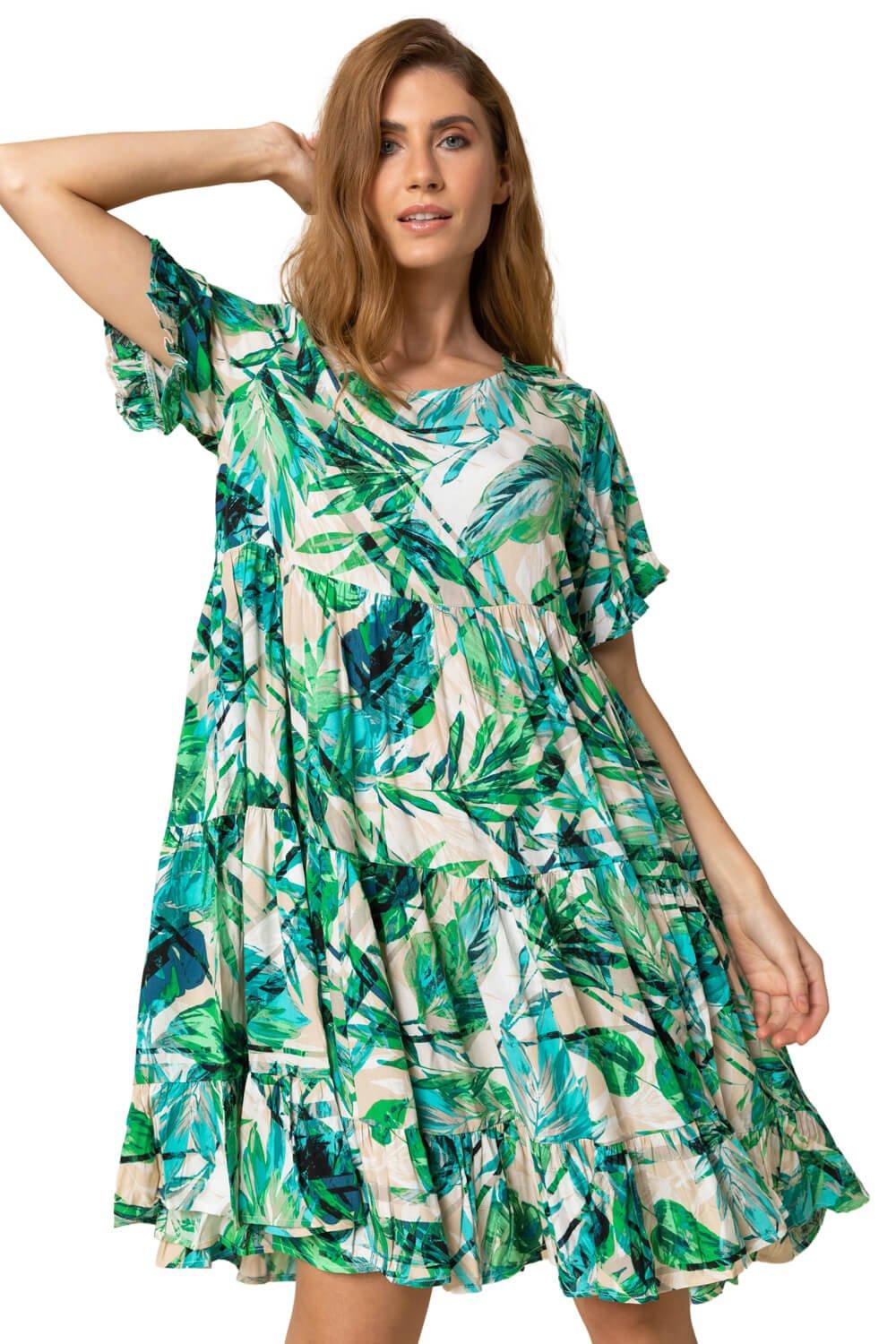 Tropical Print Tiered Pocket Dress