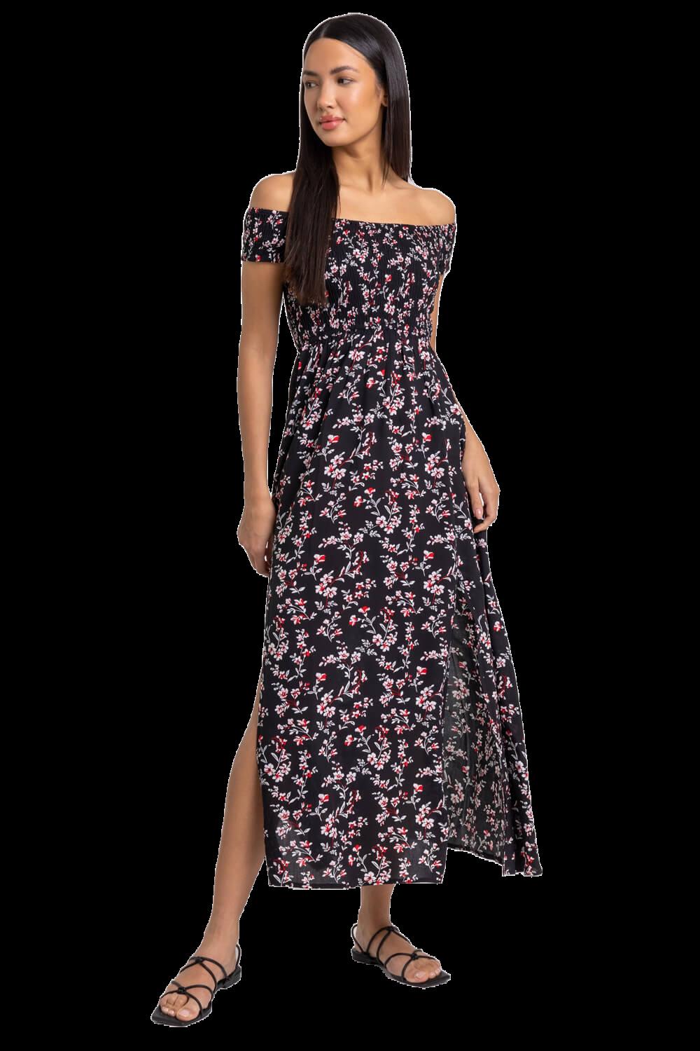 Shirred Floral Print Bardot Dress