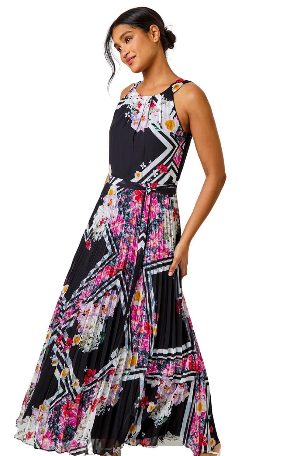 Floral Border Print Pleated Maxi Dress