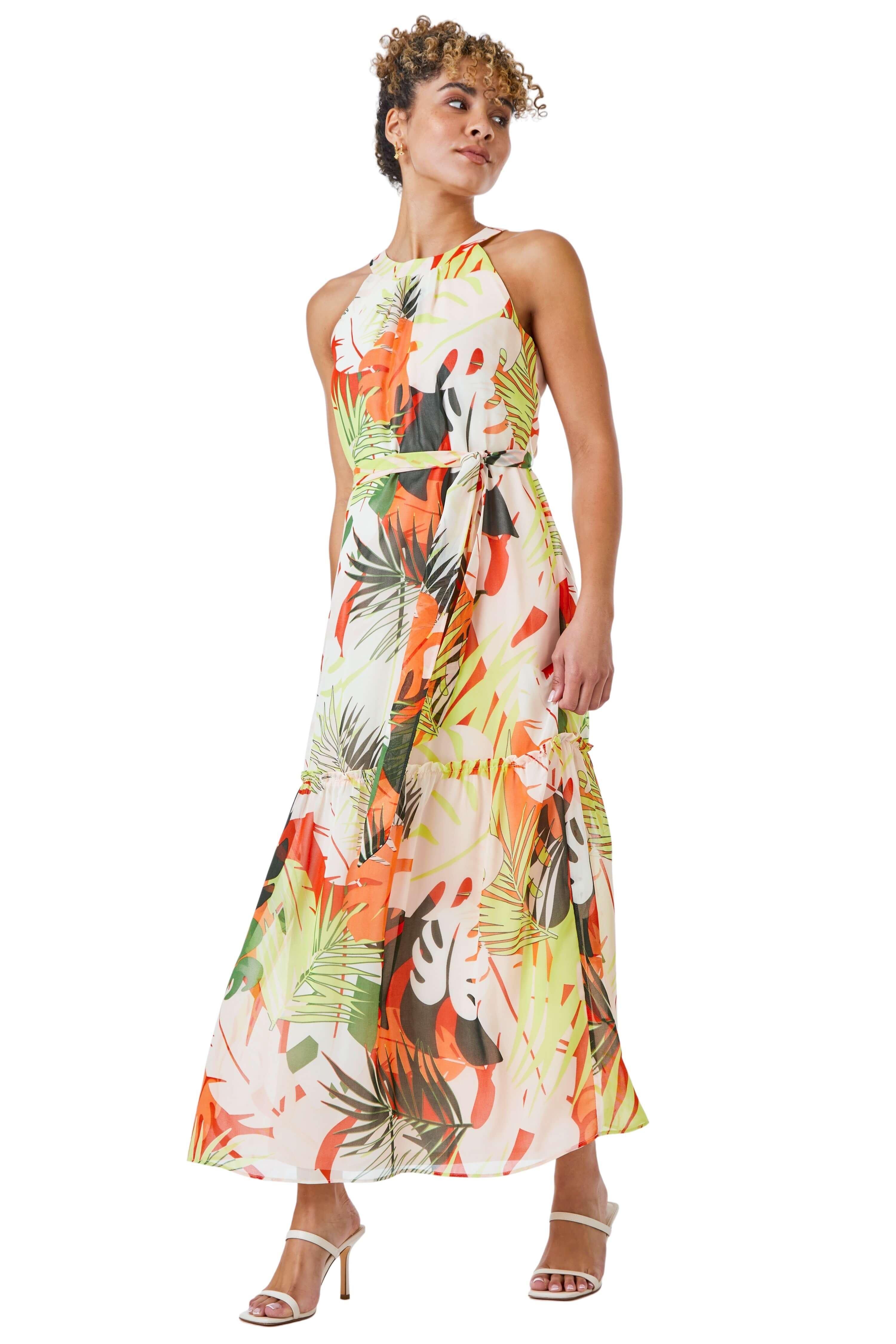 Petite Tropical Print Tiered Dress