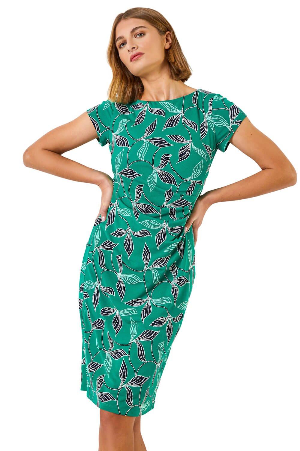 Leaf Print Stretch Ruched Dress