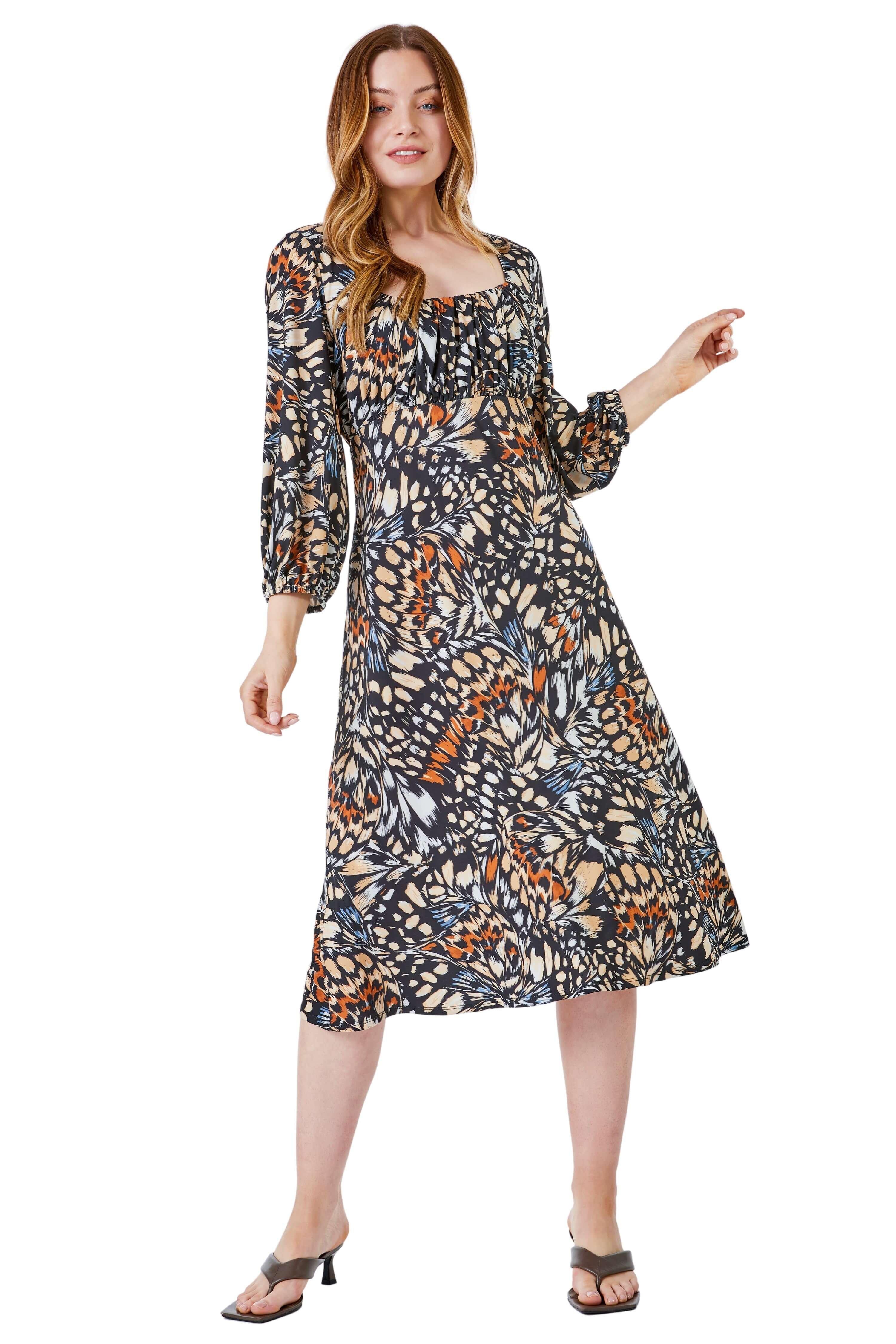 Abstract Print Sqaure Neck Jersey Dress