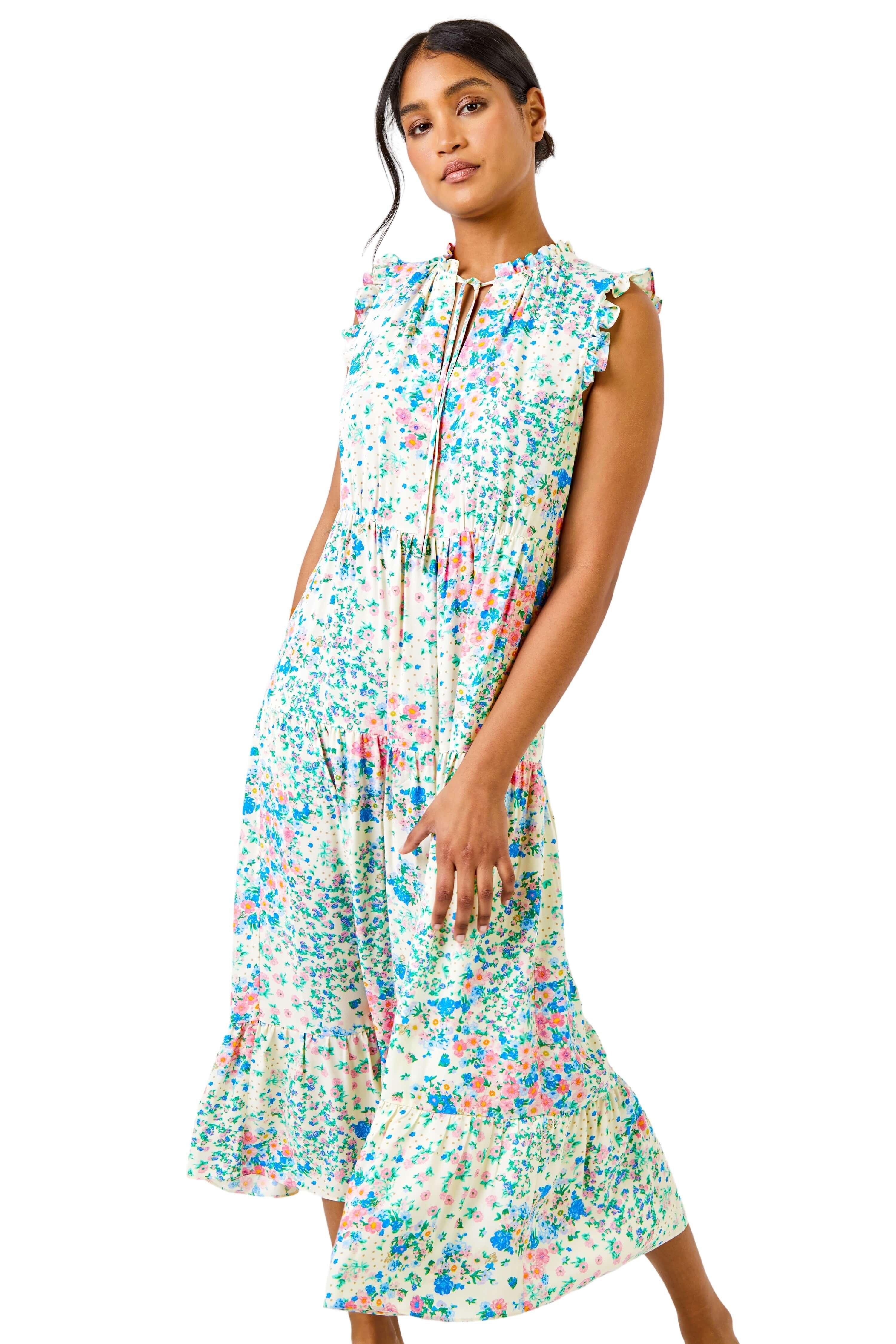 Ditsy Floral Print Frill Detail Maxi Dress