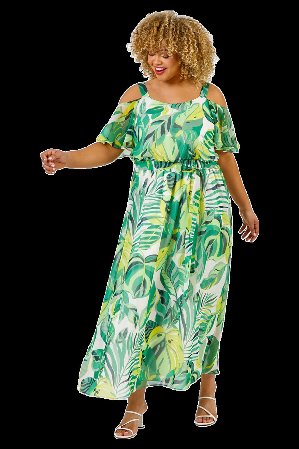 Curve Tropical Leaf Print Cold Shoulder Maxi Dress