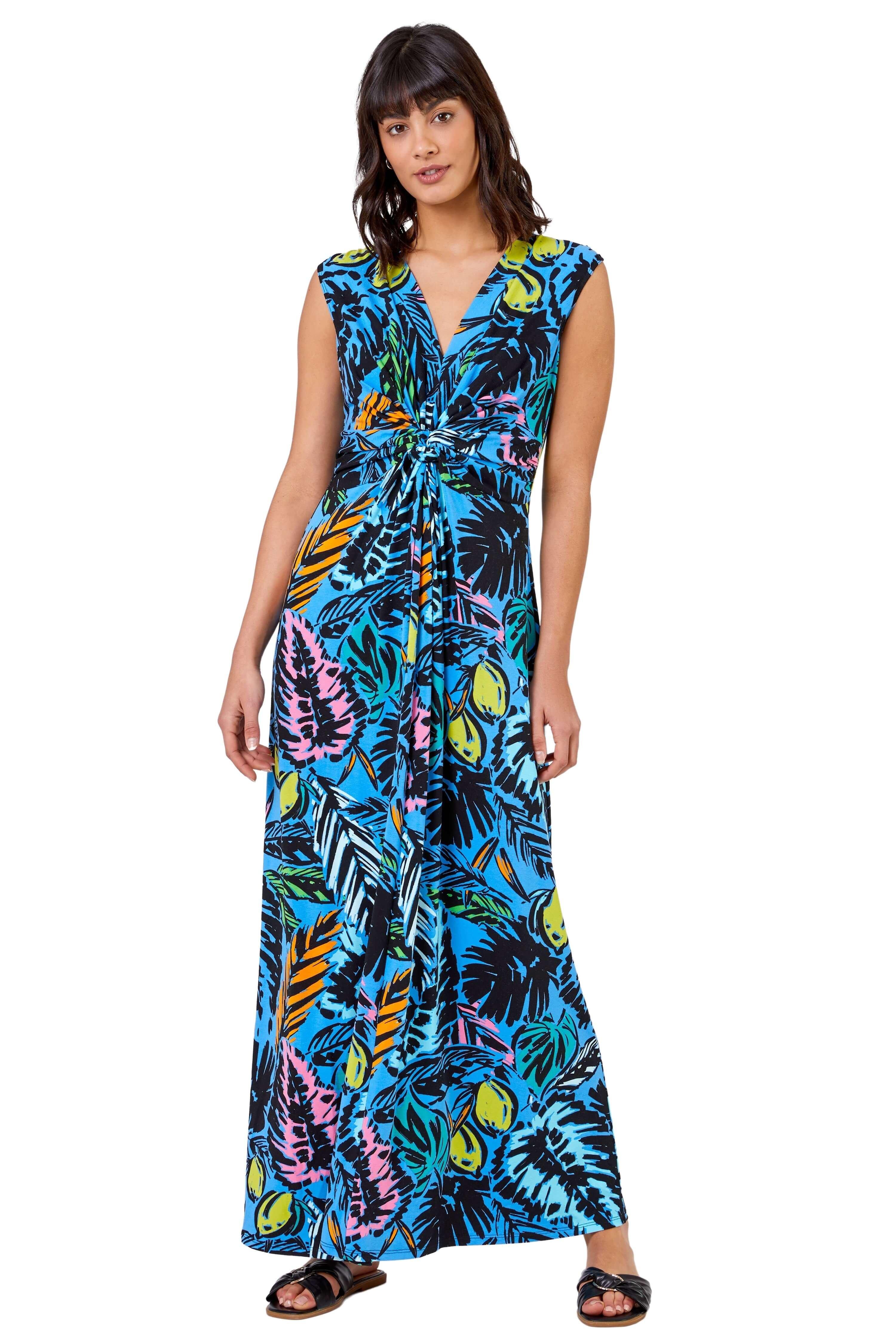 Palm Print Twist Waist Maxi Dress