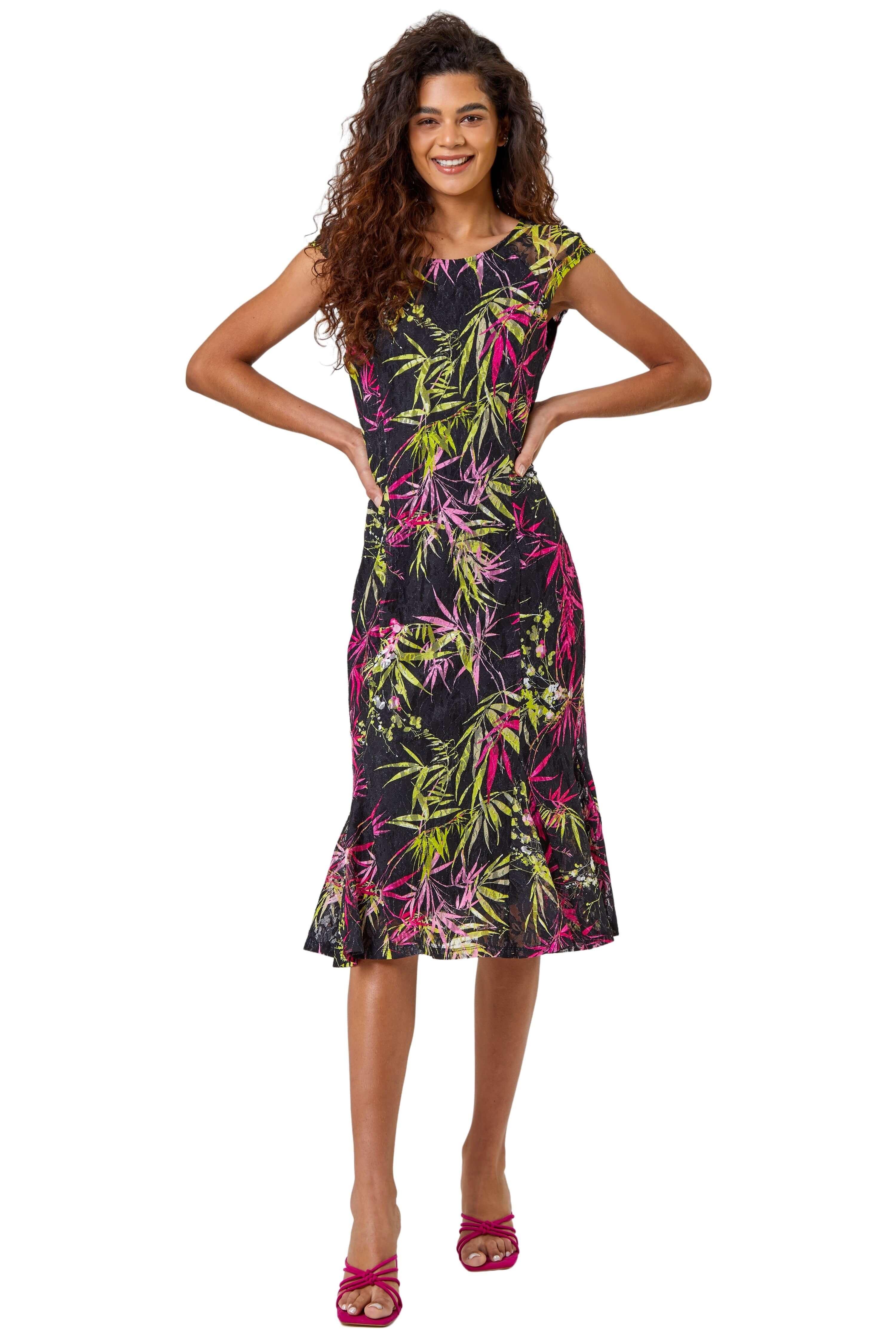 Tropical Print Fluted Lace Dress