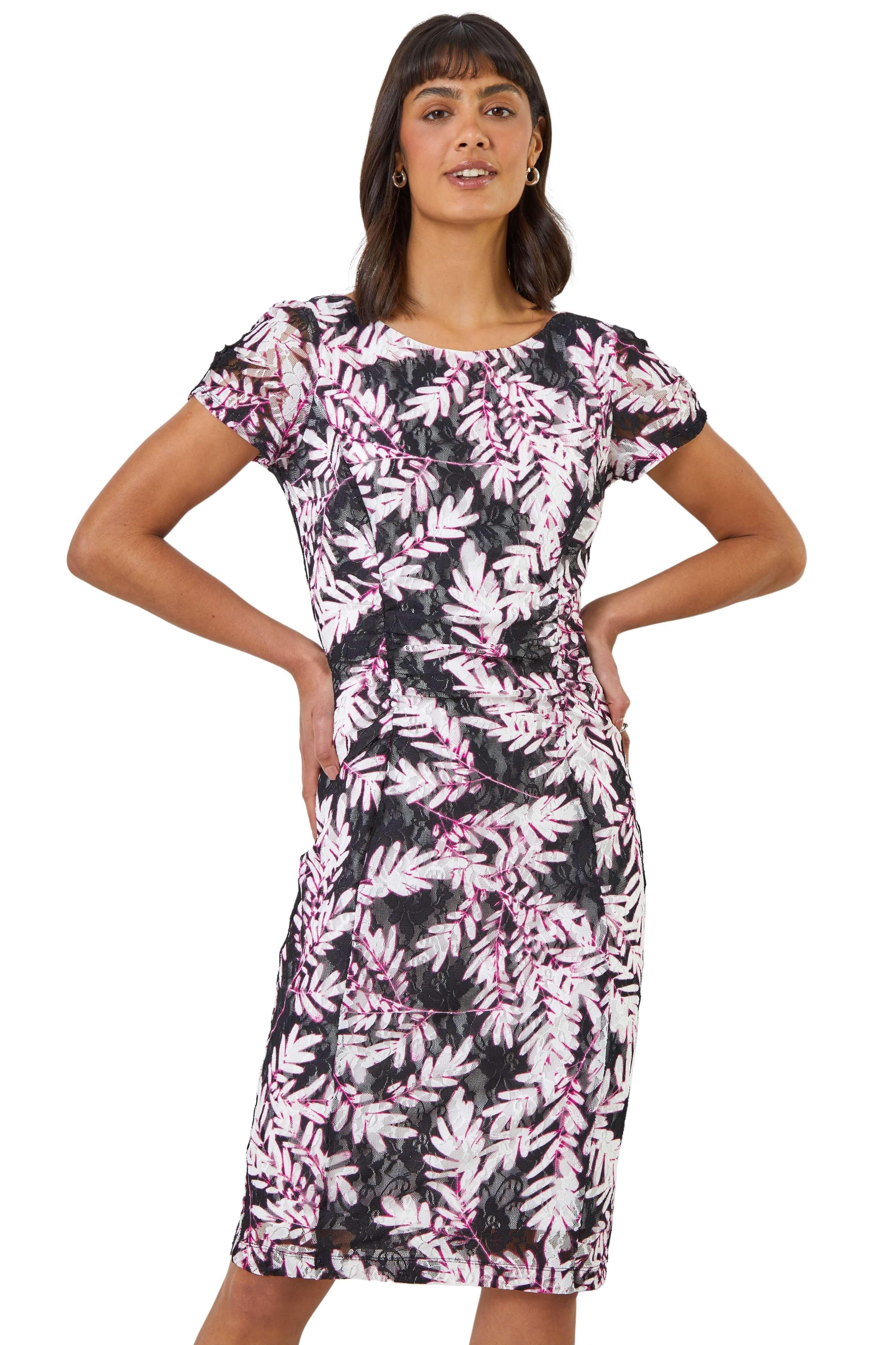 Leaf Print Ruched Lace Dress