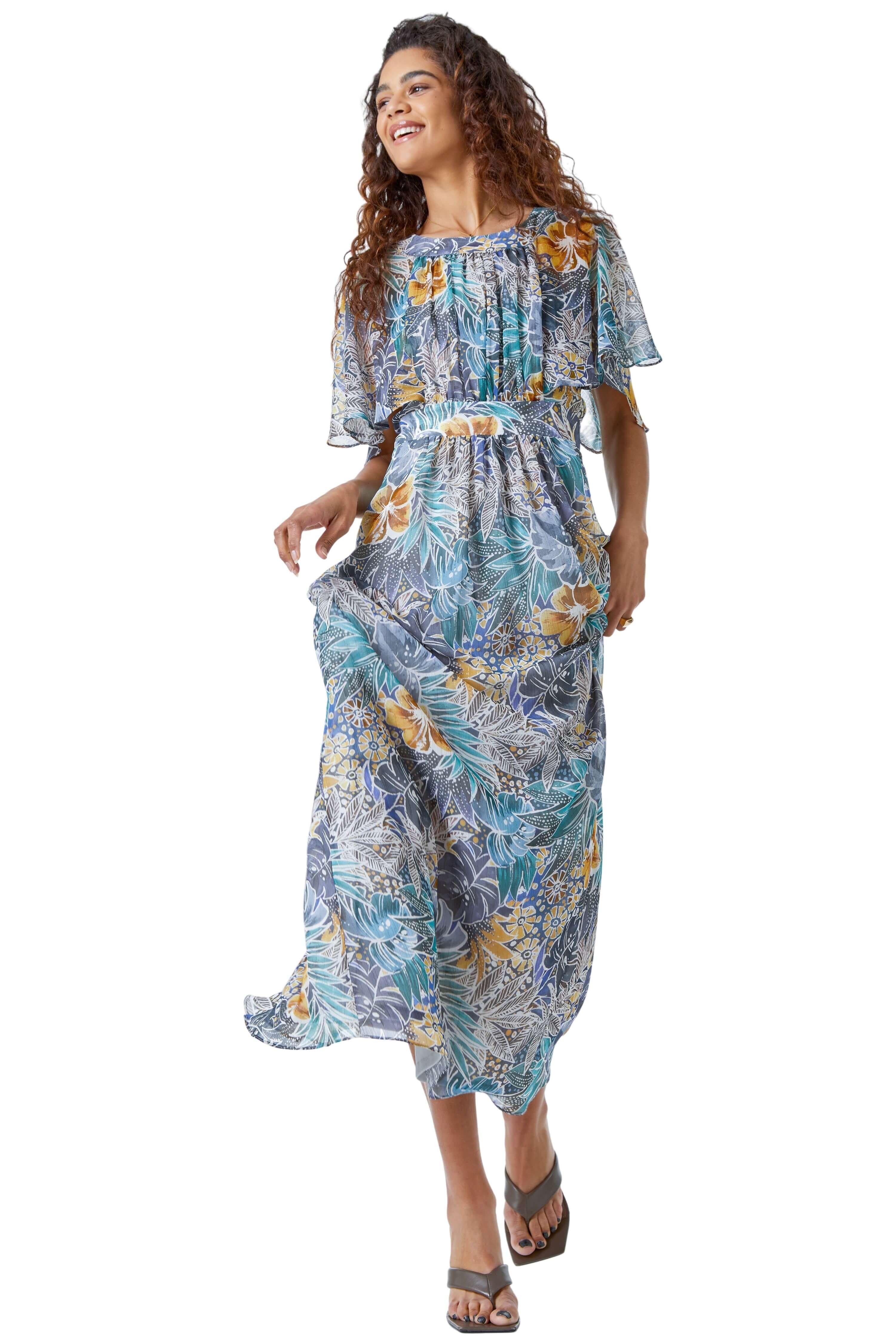 Tropical Print Angel Sleeve Maxi Dress