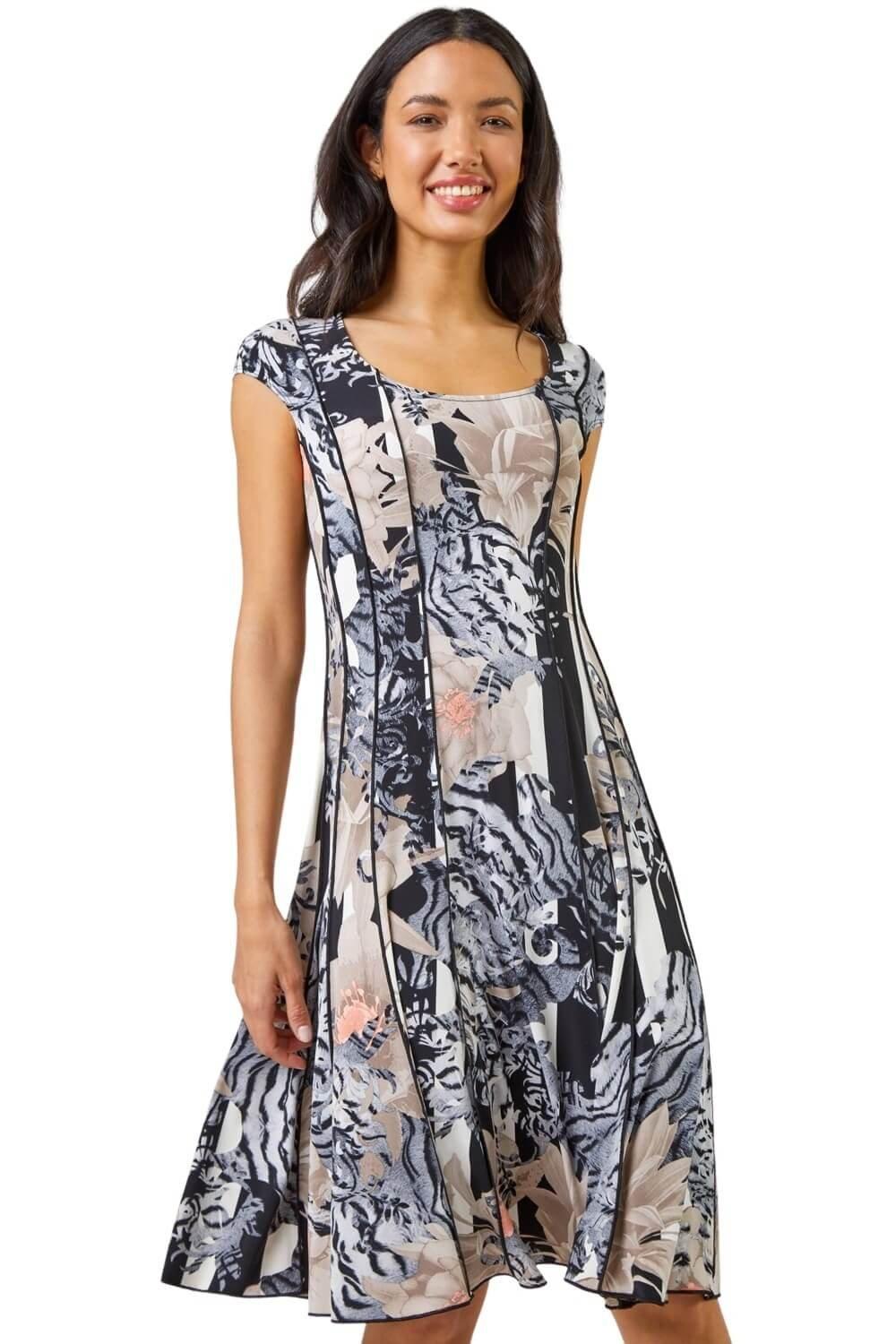 Abstract Floral Print Panel Dress