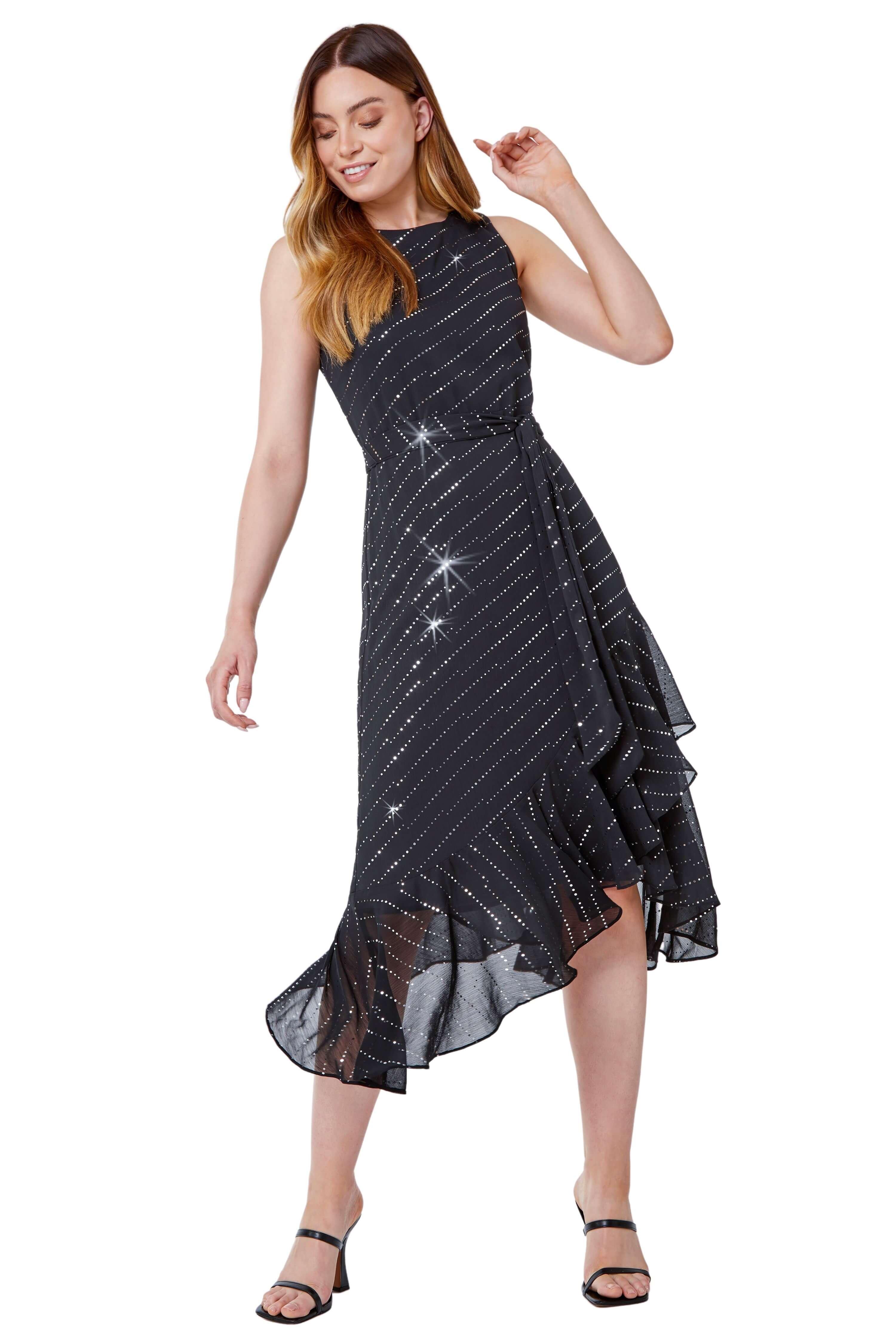 Sequin Frill Hem Midi Wrap Dress