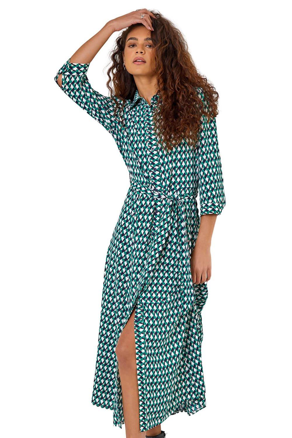 Blue Geometric Print Tie Waist Midi Shirt Dress