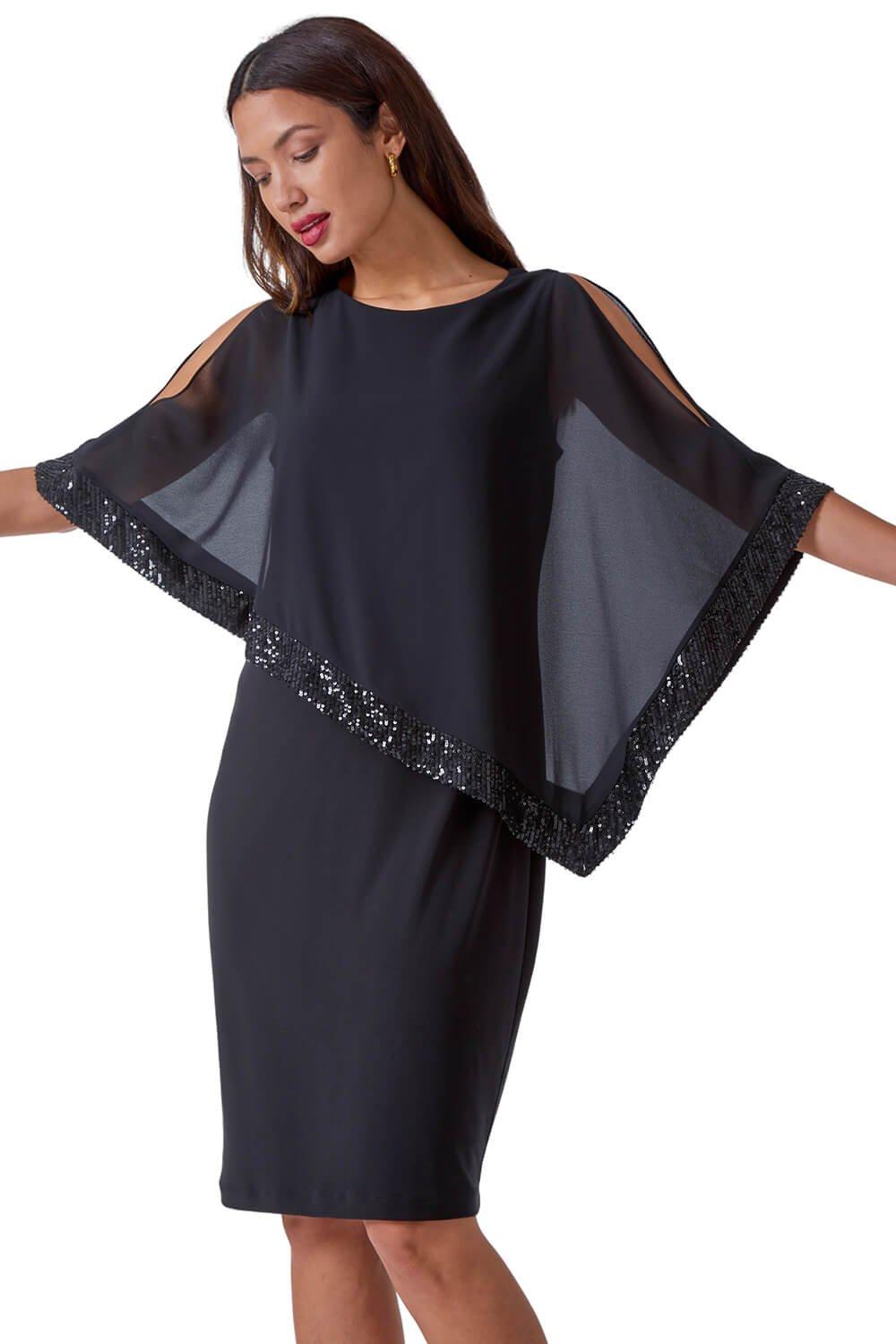 Sequin Trim Asymmetric Chiffon Overlay Dress