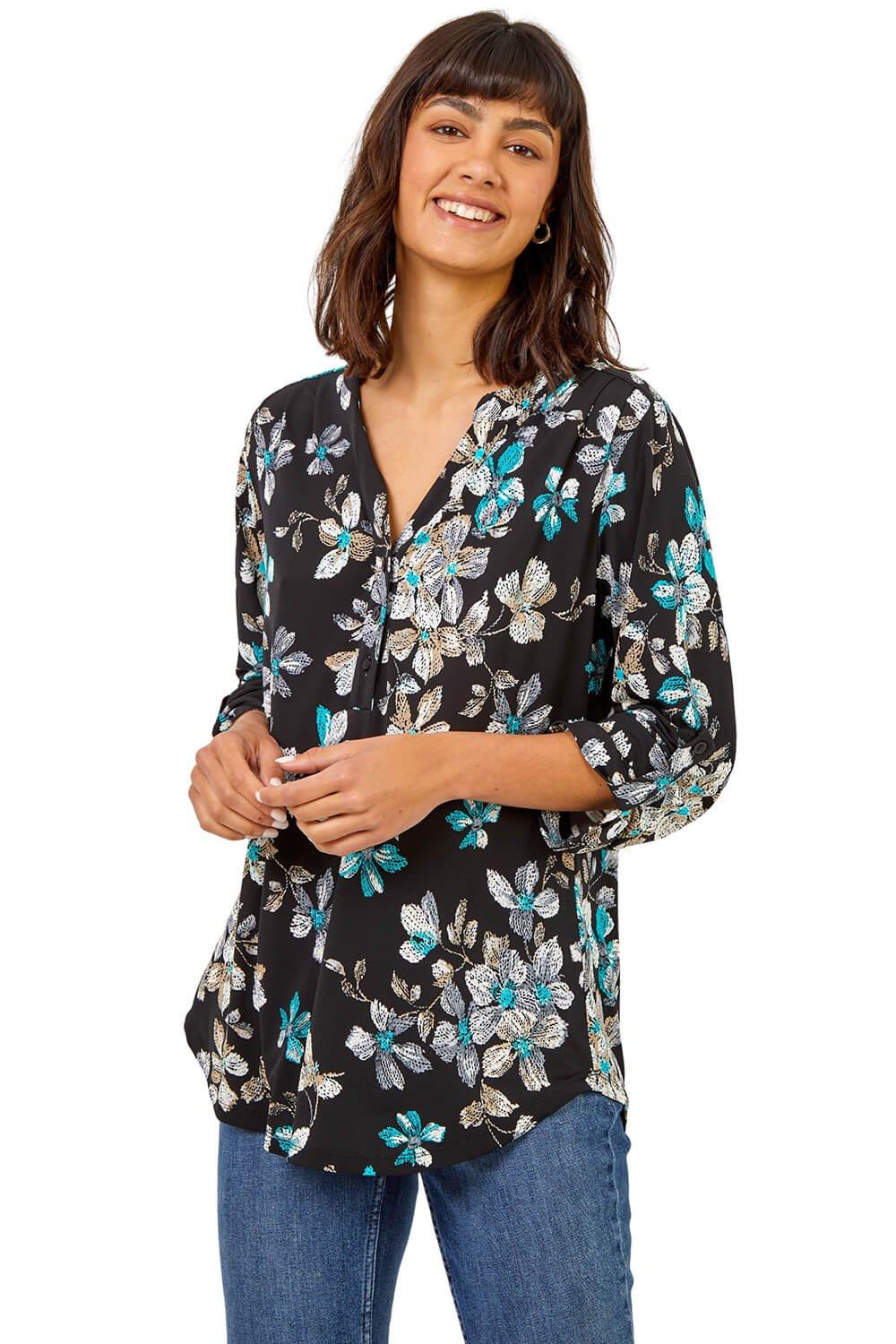 Shirts | Floral Print Notch Neck Stretch Shirt | Roman