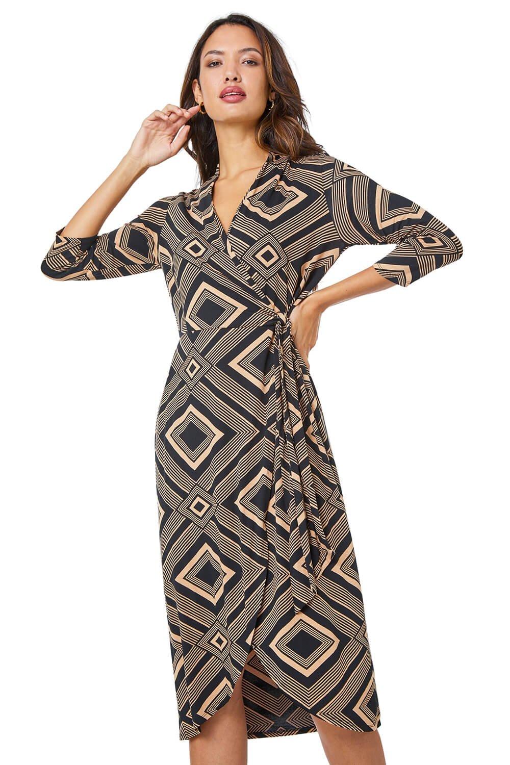 Geometric Wrap Midi Stretch Dress