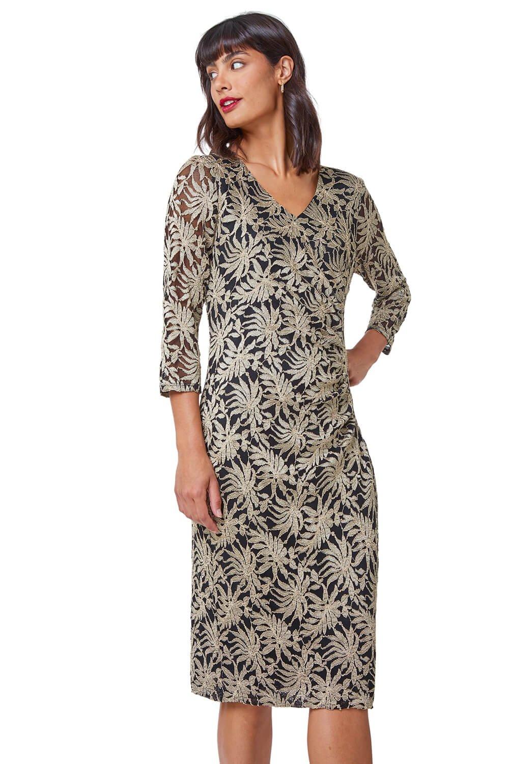 Palm Print Lace Ruched Dress