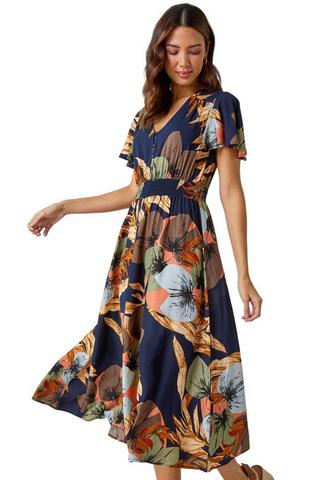 Product Angel Sleeve Floral Print Midi Dress Navy