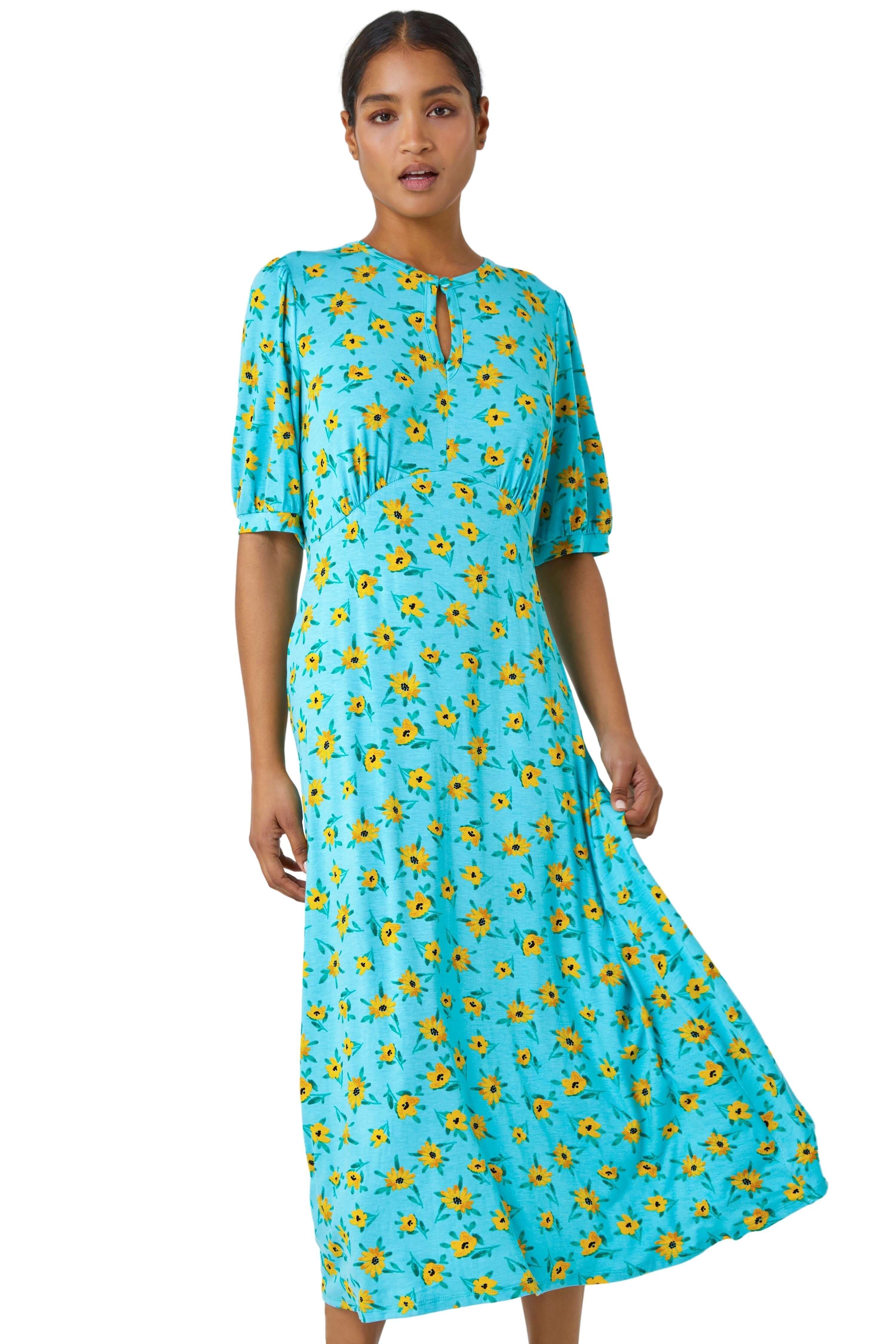 Sunflower Print Keyhole Stretch Midi Dress