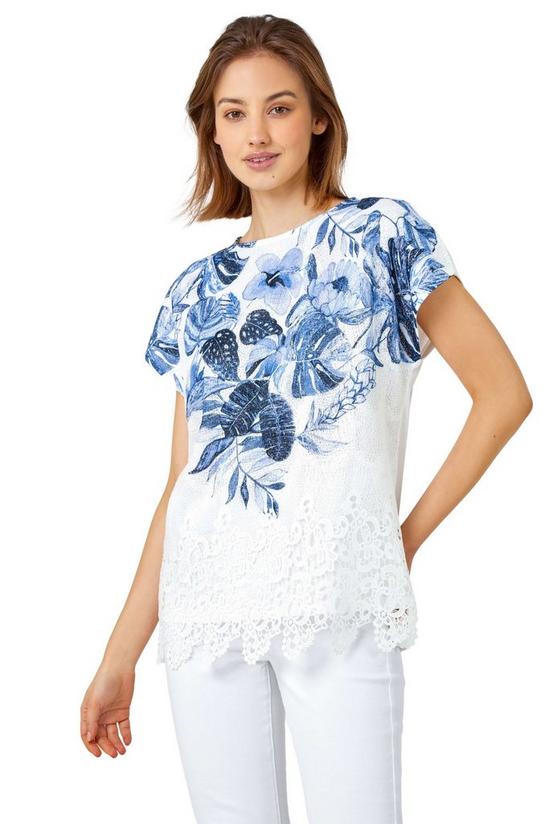 Roman Floral Print Lace Trim Stretch T-Shirt 1