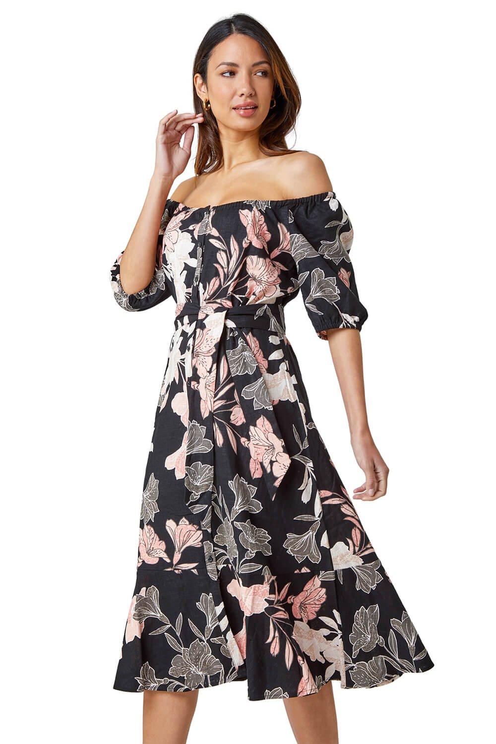 Floral Linen Blend Bardot Midi Dress