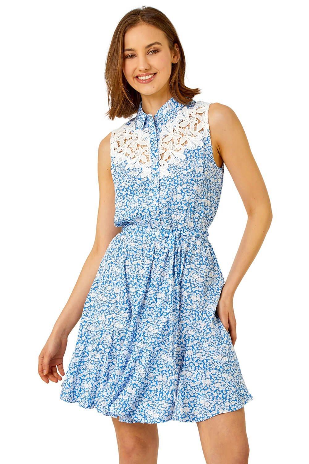 Sleeveless Lace Trim Floral Shirt Dress