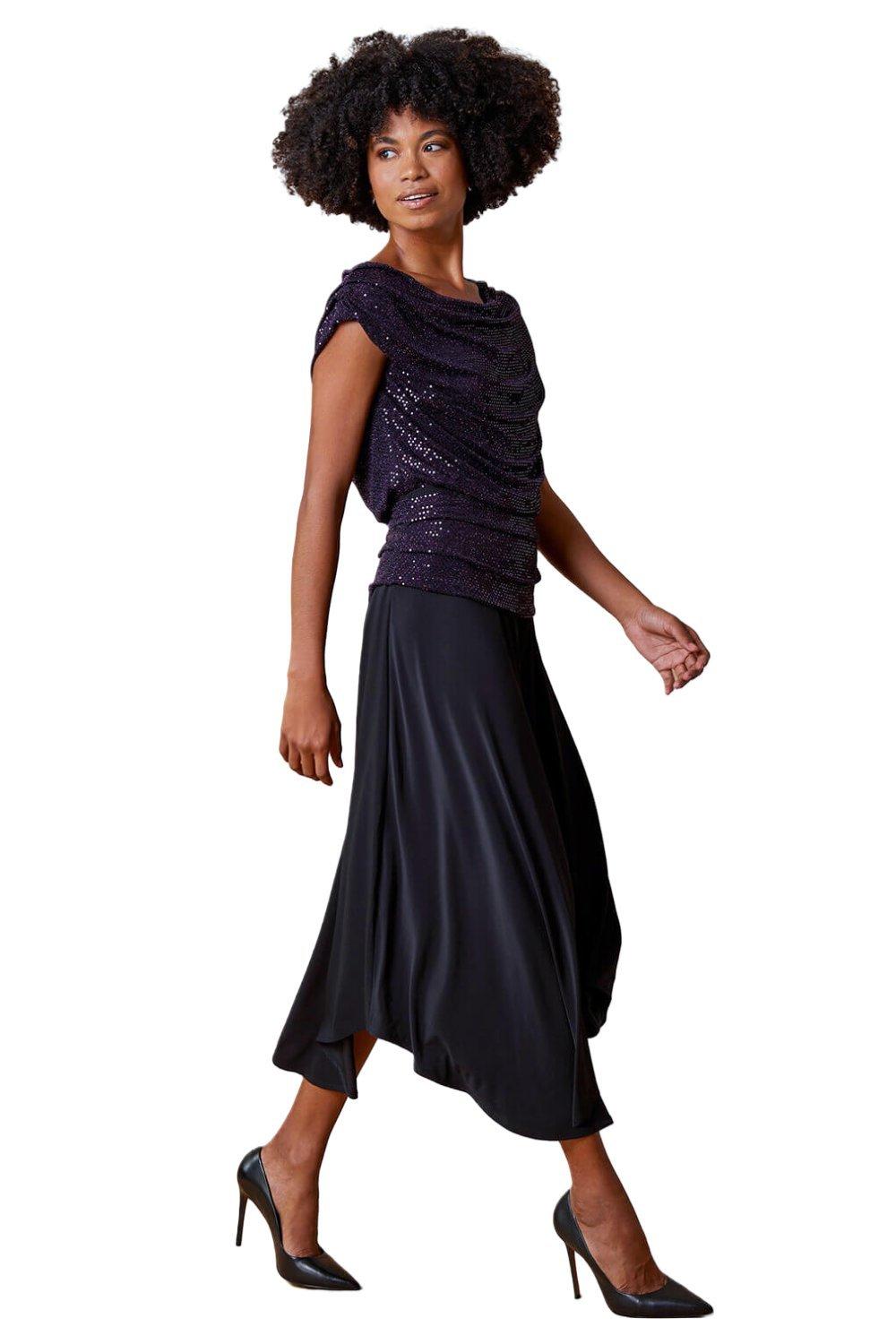 Sequin Cowl Neck Contrast Midi Dress