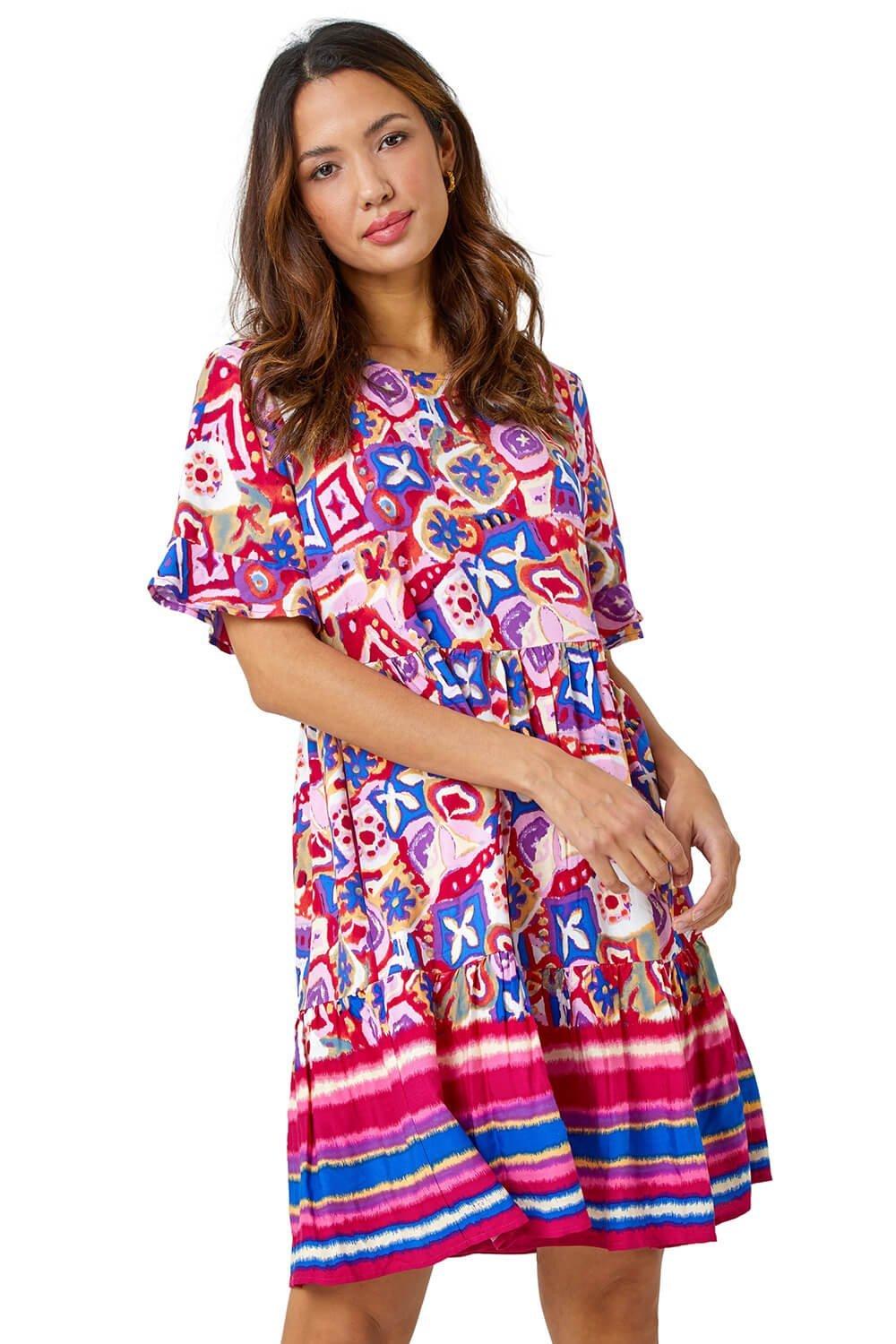Printed Frill Sleeve Tiered Smock Dress