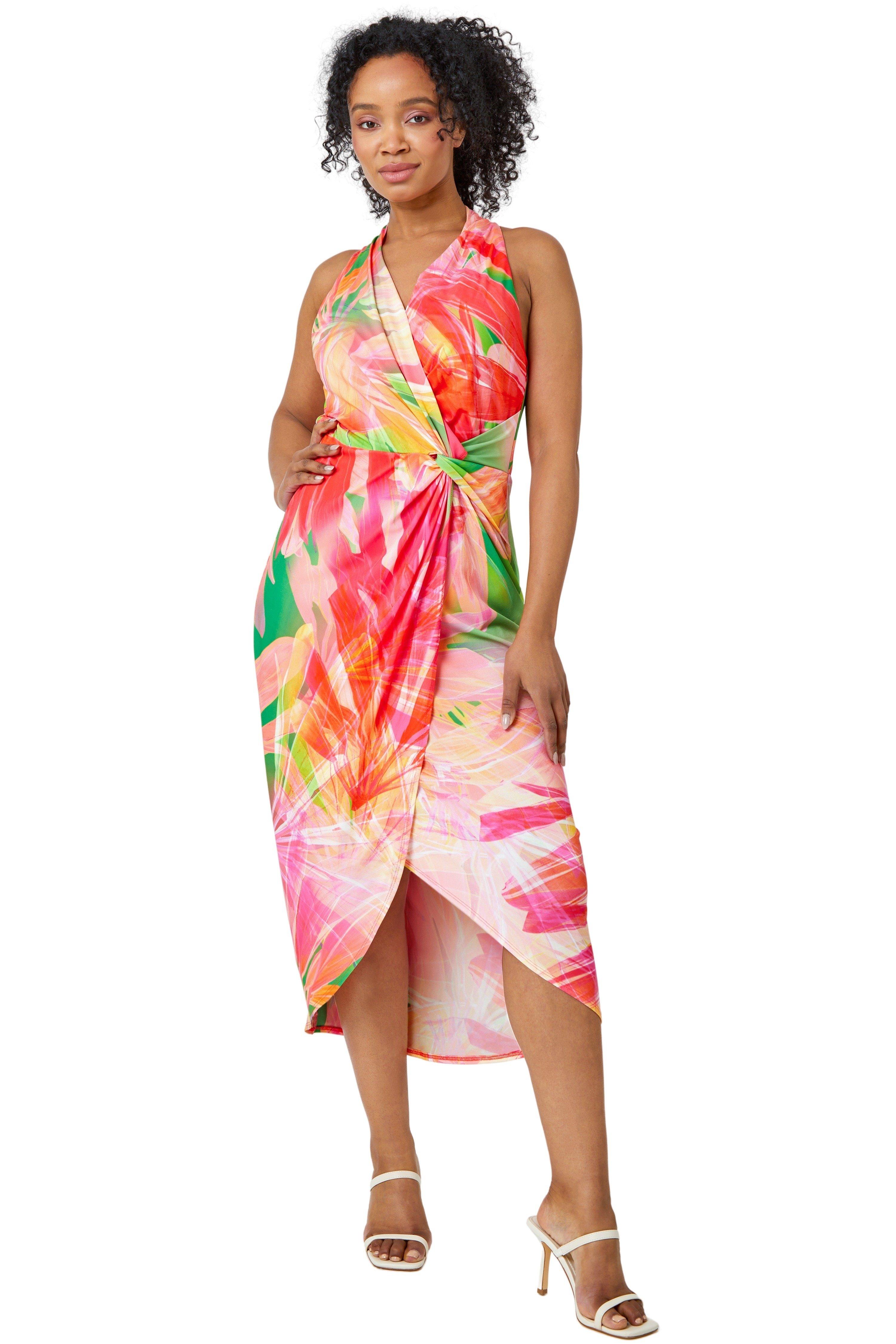 Petite Tropical Stretch Wrap Maxi Dress