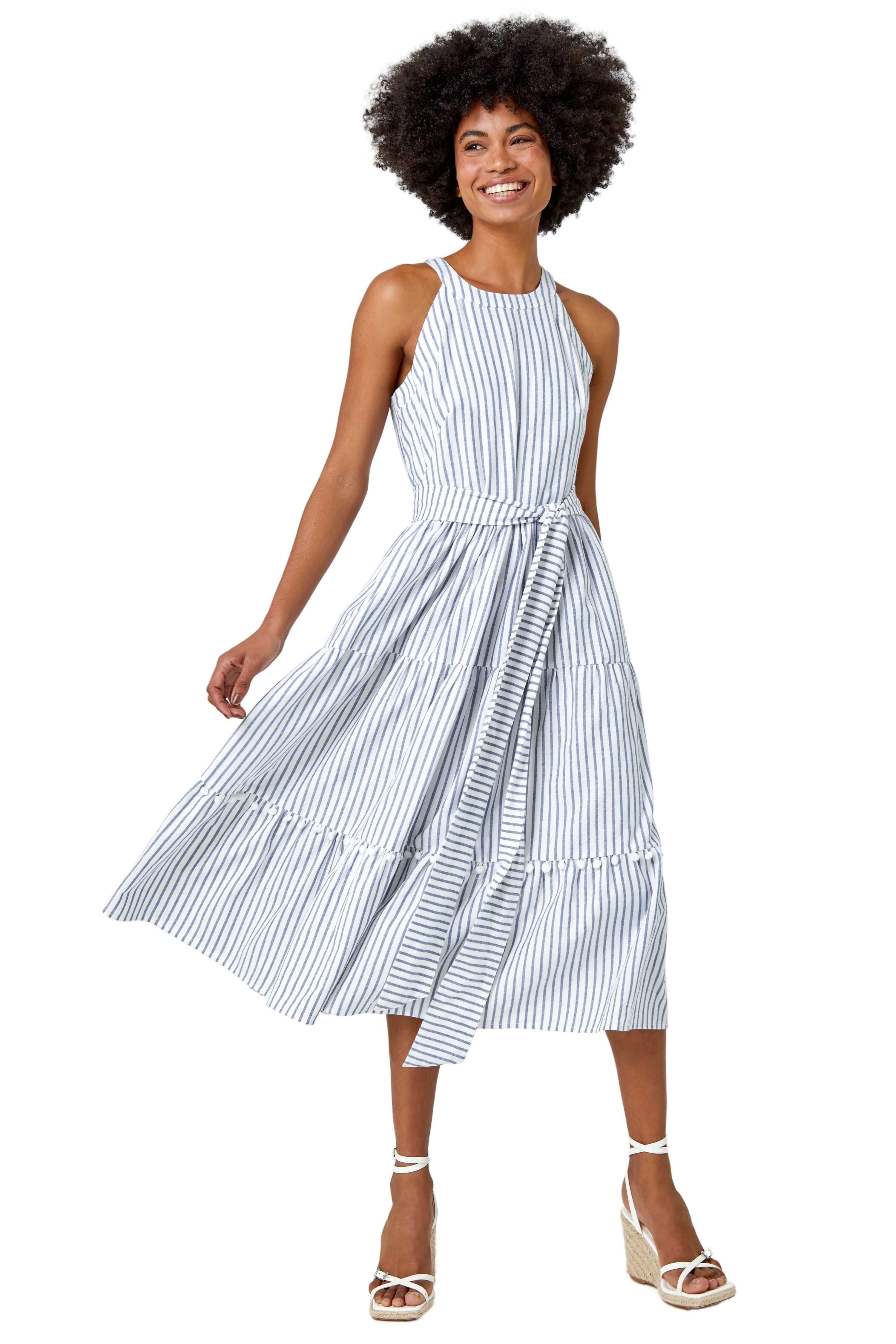 Tiered Cotton Halter Neck Stripe Dress