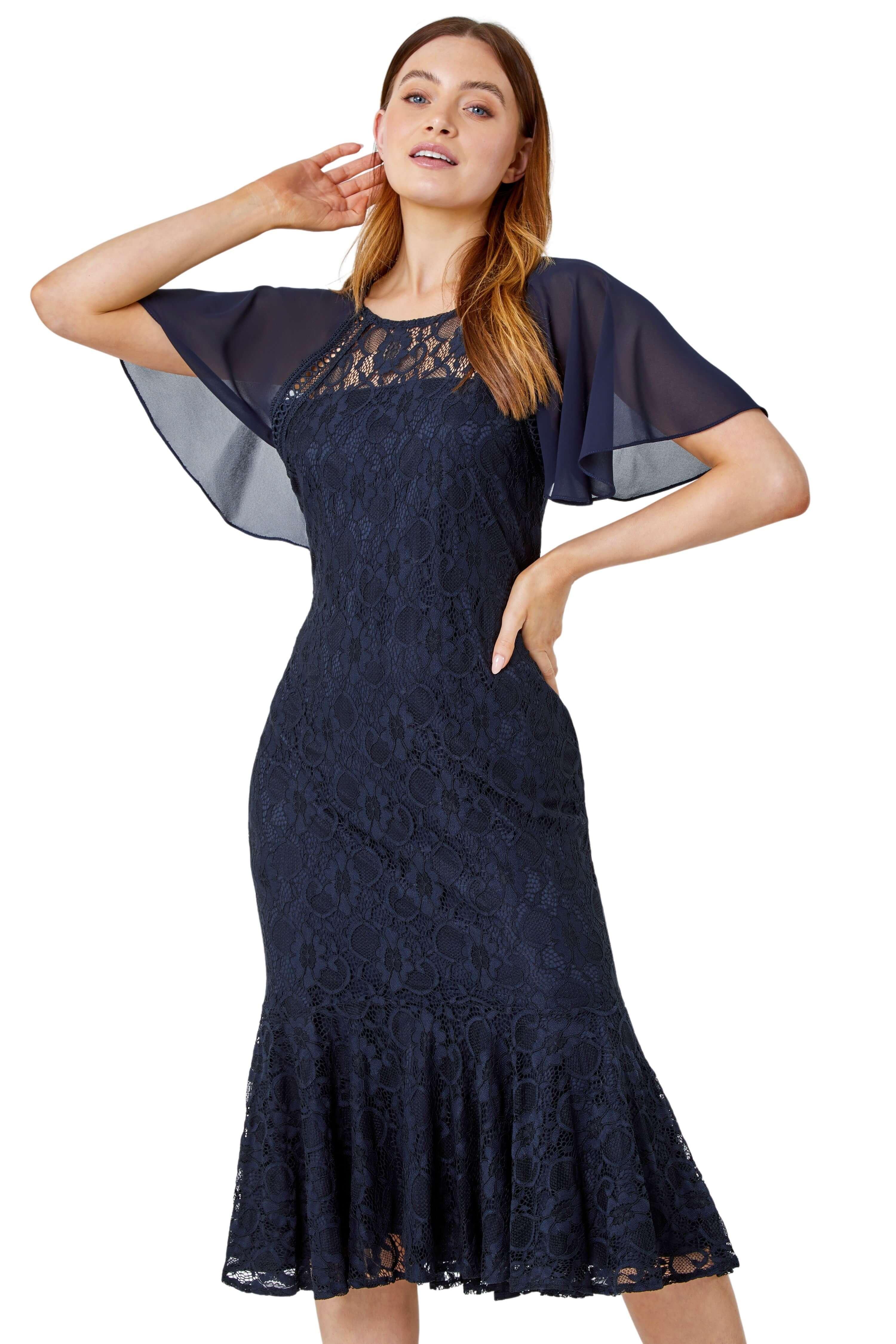 Angel Sleeve Stretch Lace Midi Dress