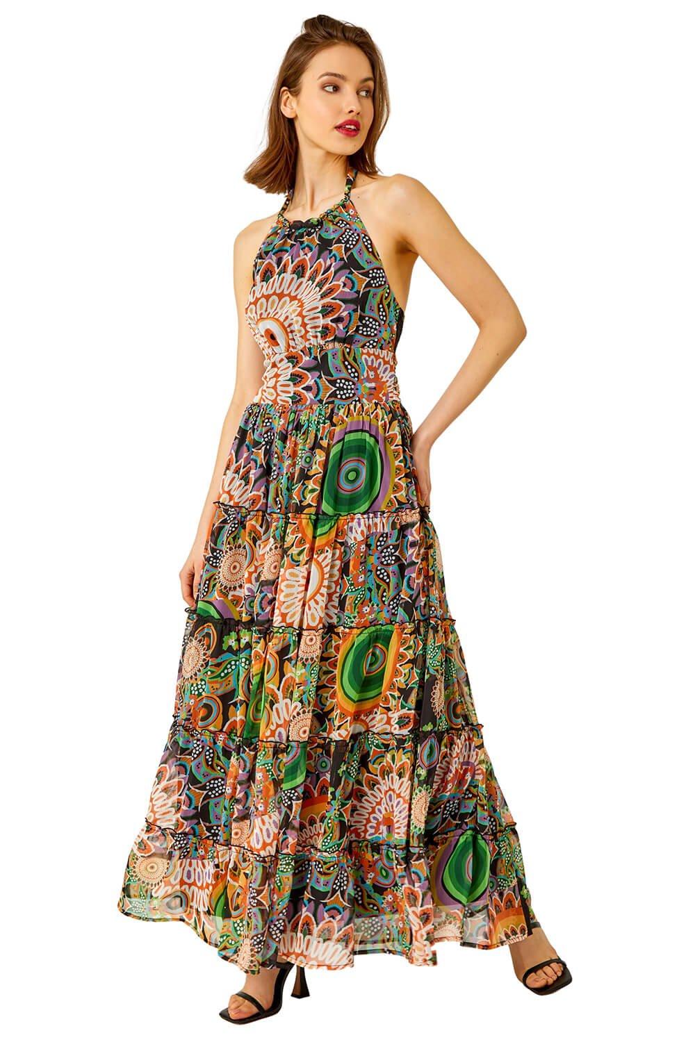Abstract Halter Neck Tiered Maxi Dress
