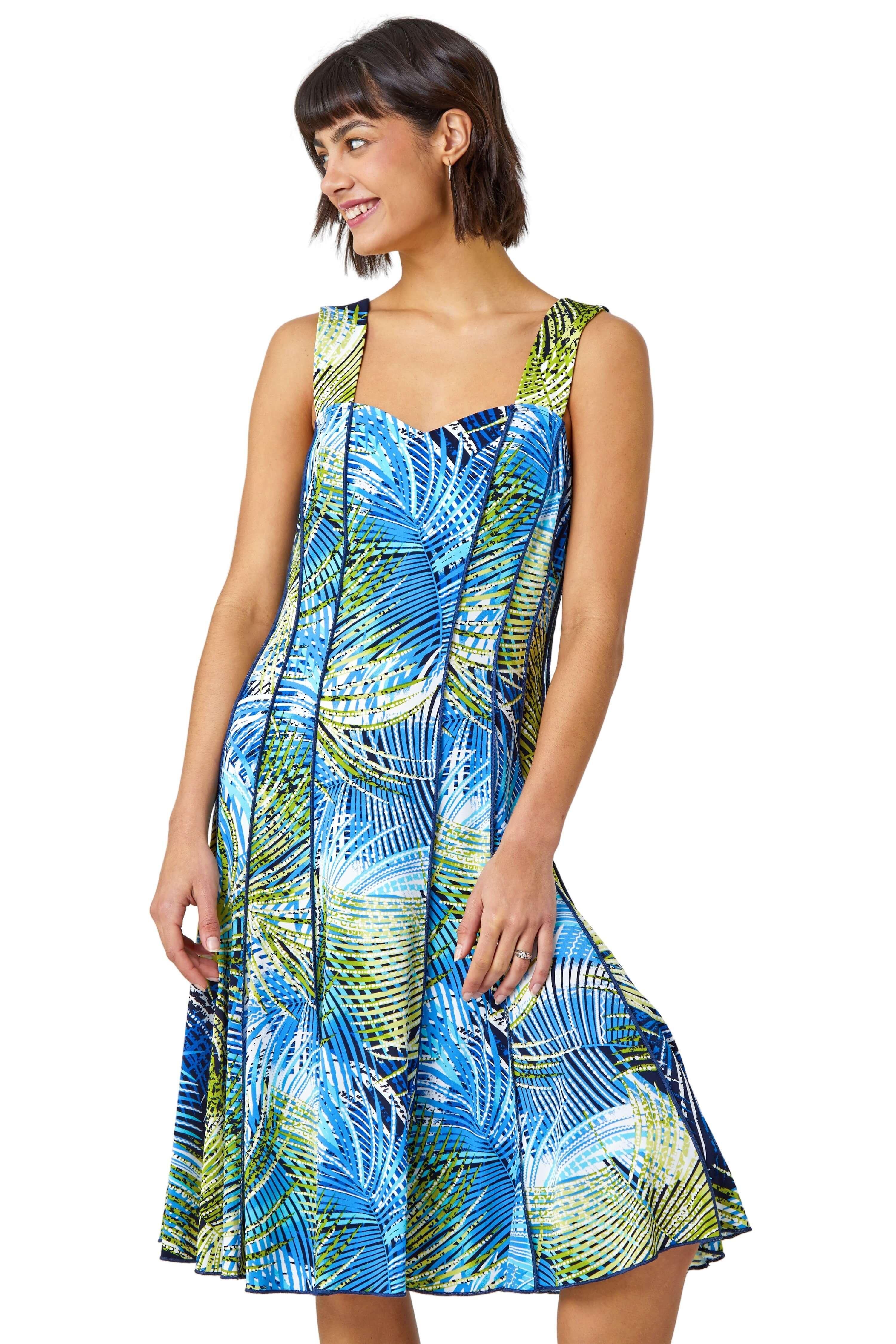 Tropical Palm Print Stretch Panel Dress