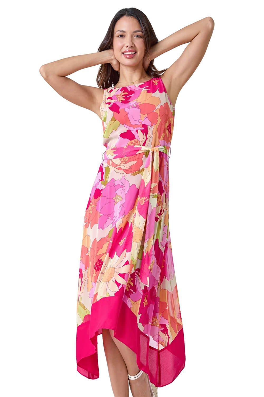 Sleeveless Floral Print Hanky Hem Dress