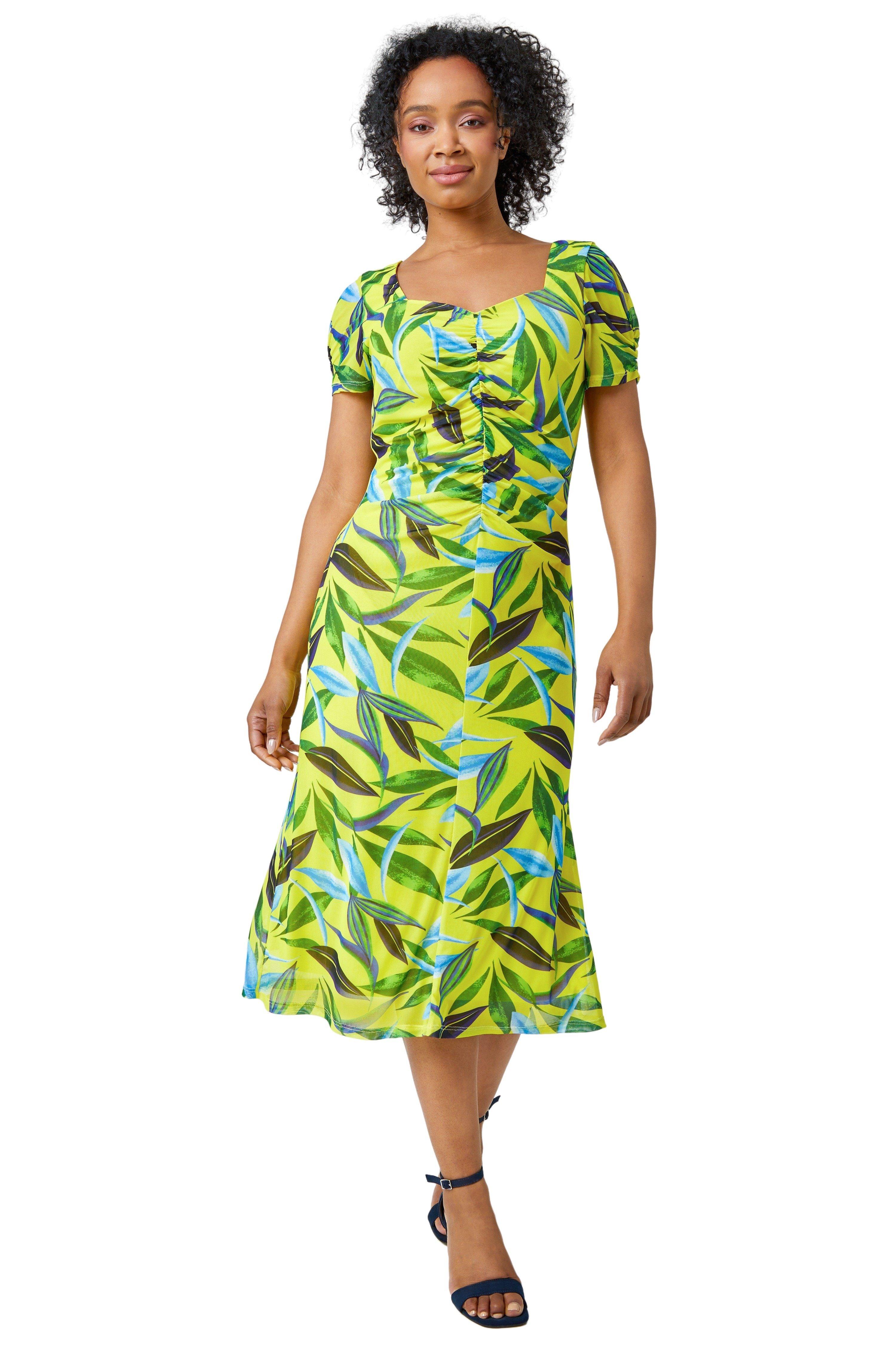 Petite Ruched Tropical Print Midi Dress