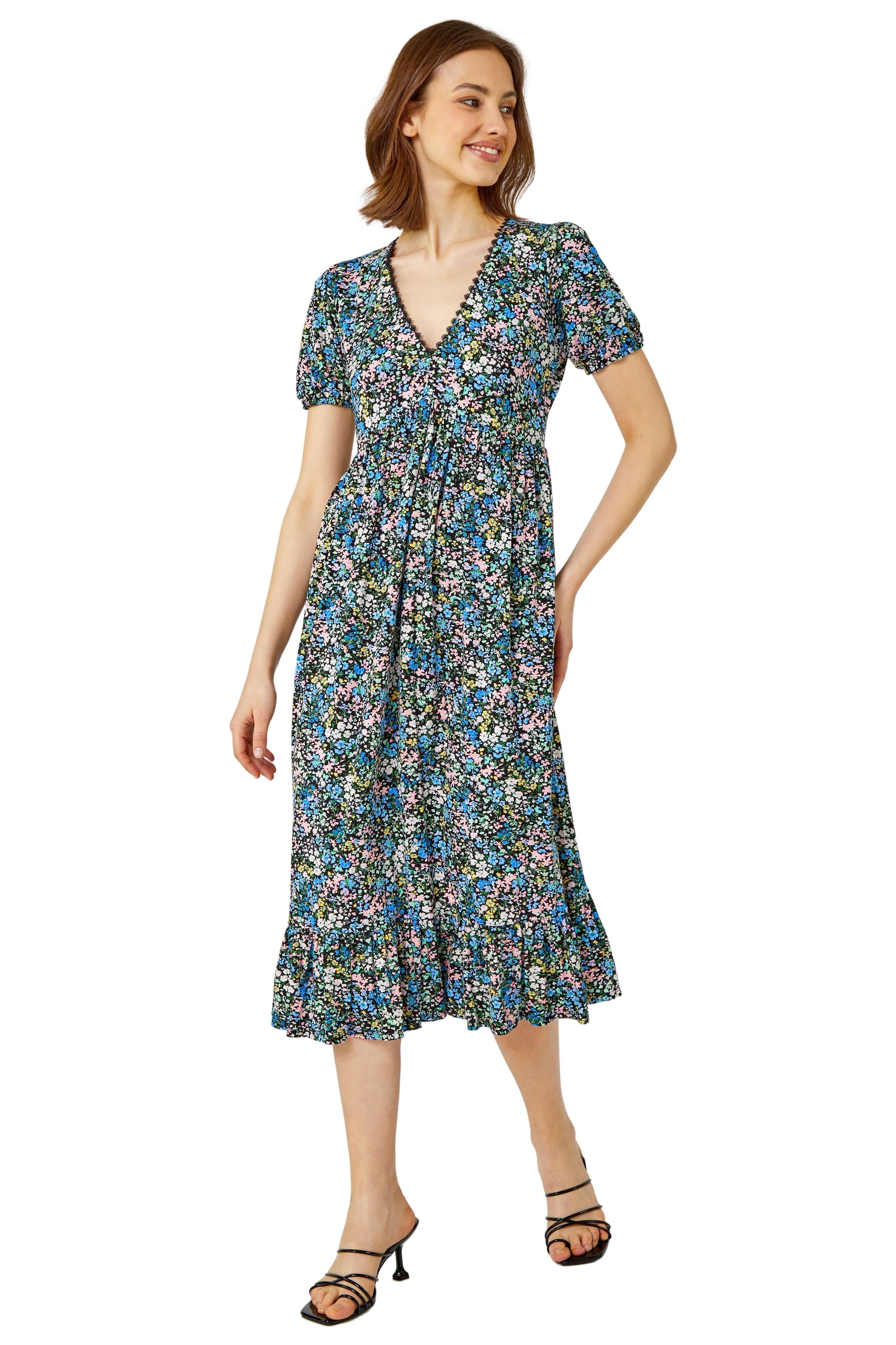 Ditsy Floral Lace Detail Midi Dress