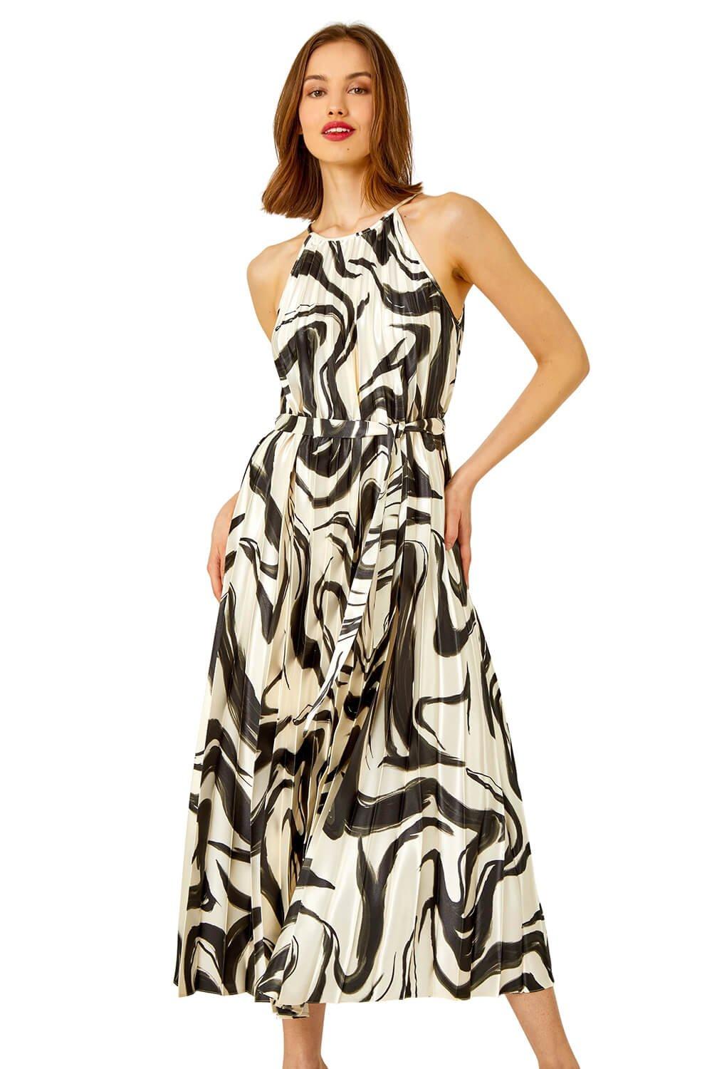 Sleeveless Swirl Print Pleated Midi Dress