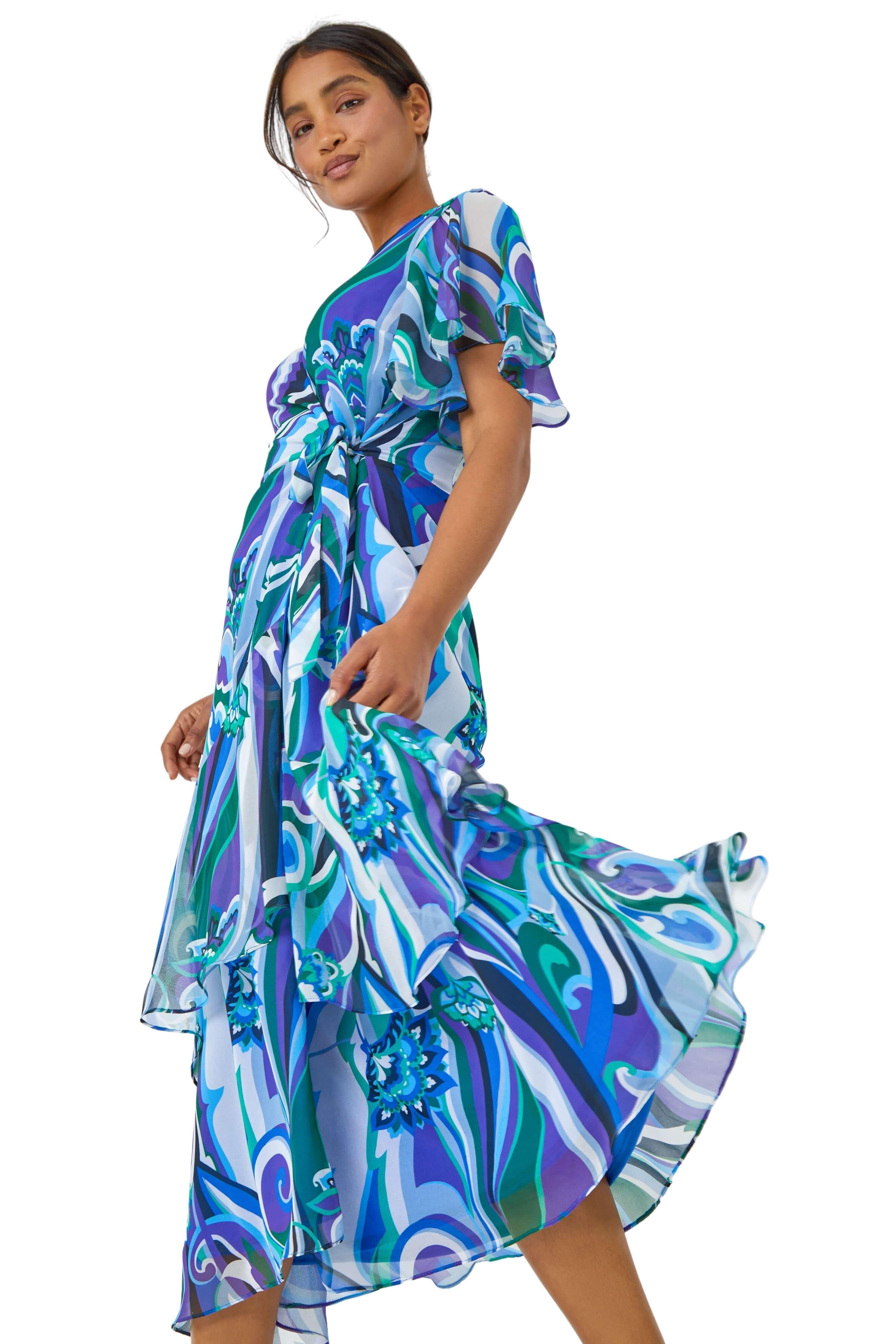 Floral Swirl Print Tiered Midi Wrap Dress