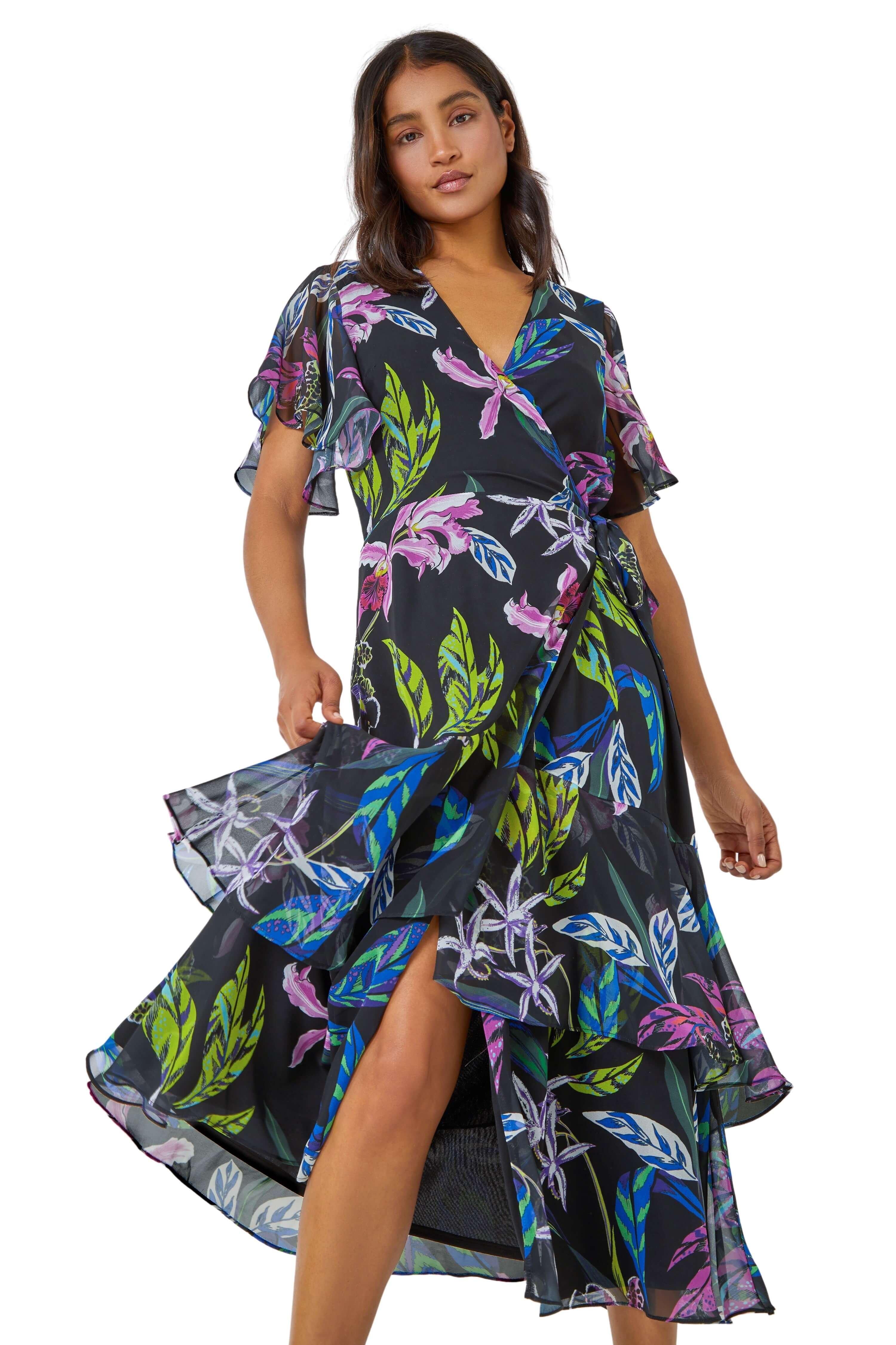 Tropical Print Tiered Midi Wrap Dress