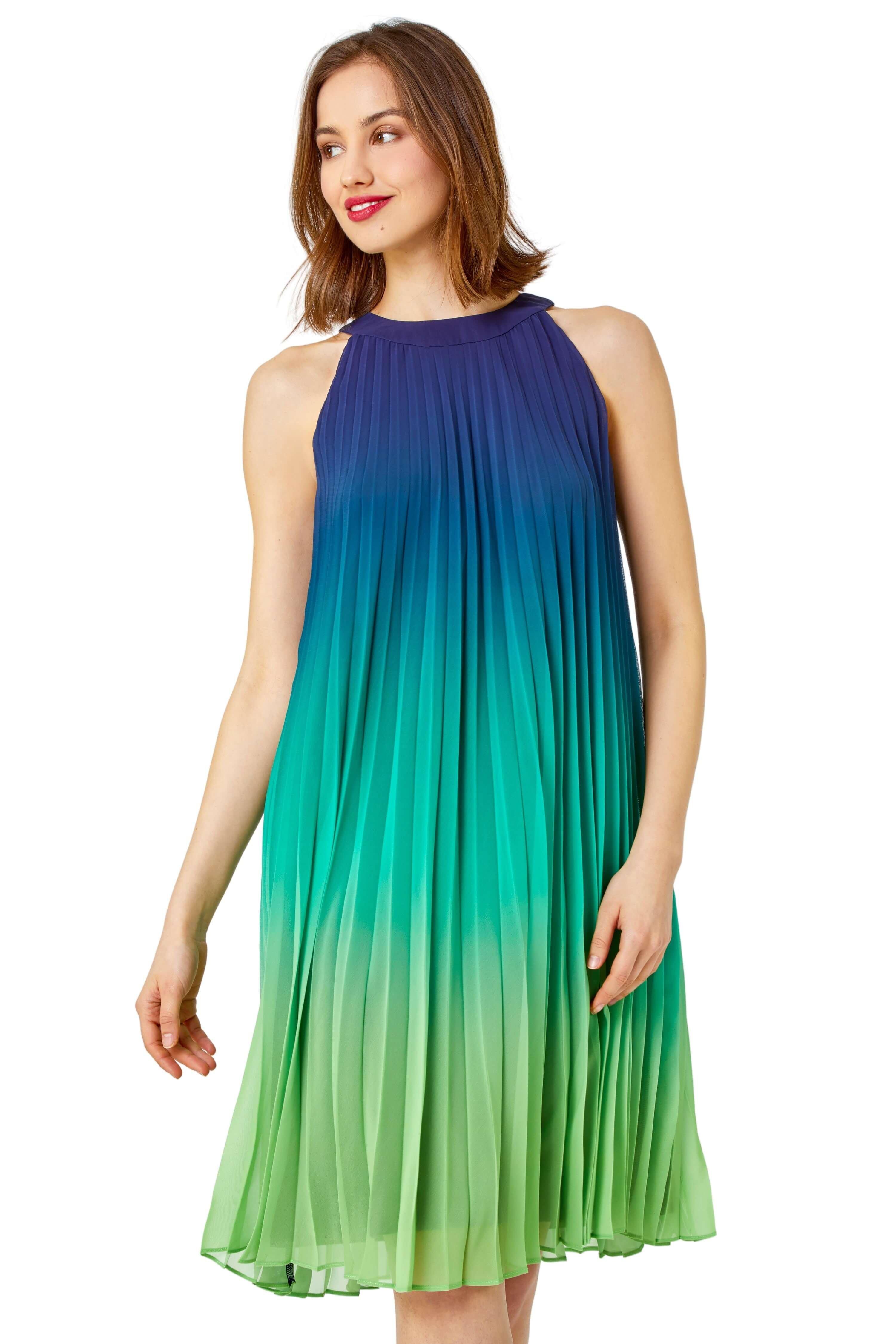 Ombre Halter Neck Pleated Swing Dress