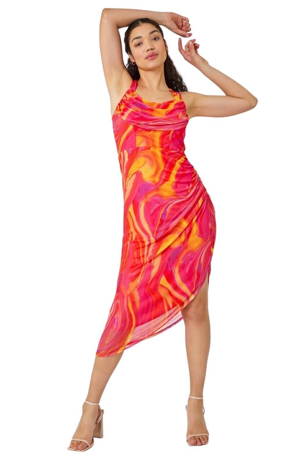 Swirl Print Ruched Stretch Dress