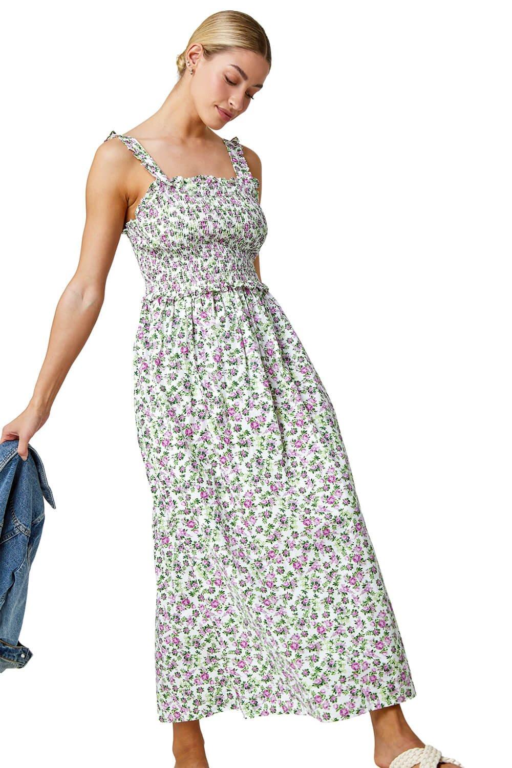 Floral Print Shirred Stretch Maxi Dress