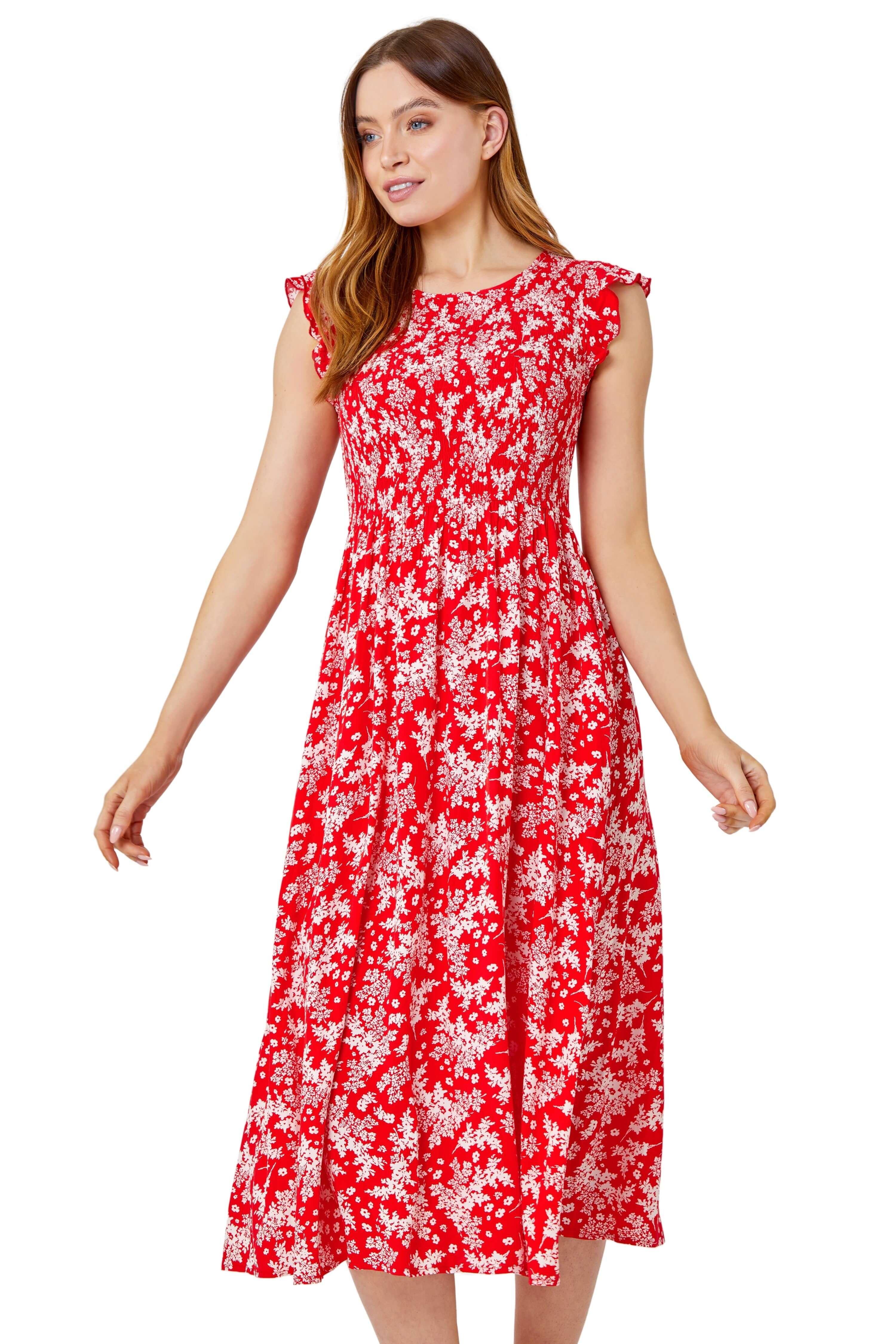 Floral Print Shirred Midi Dress