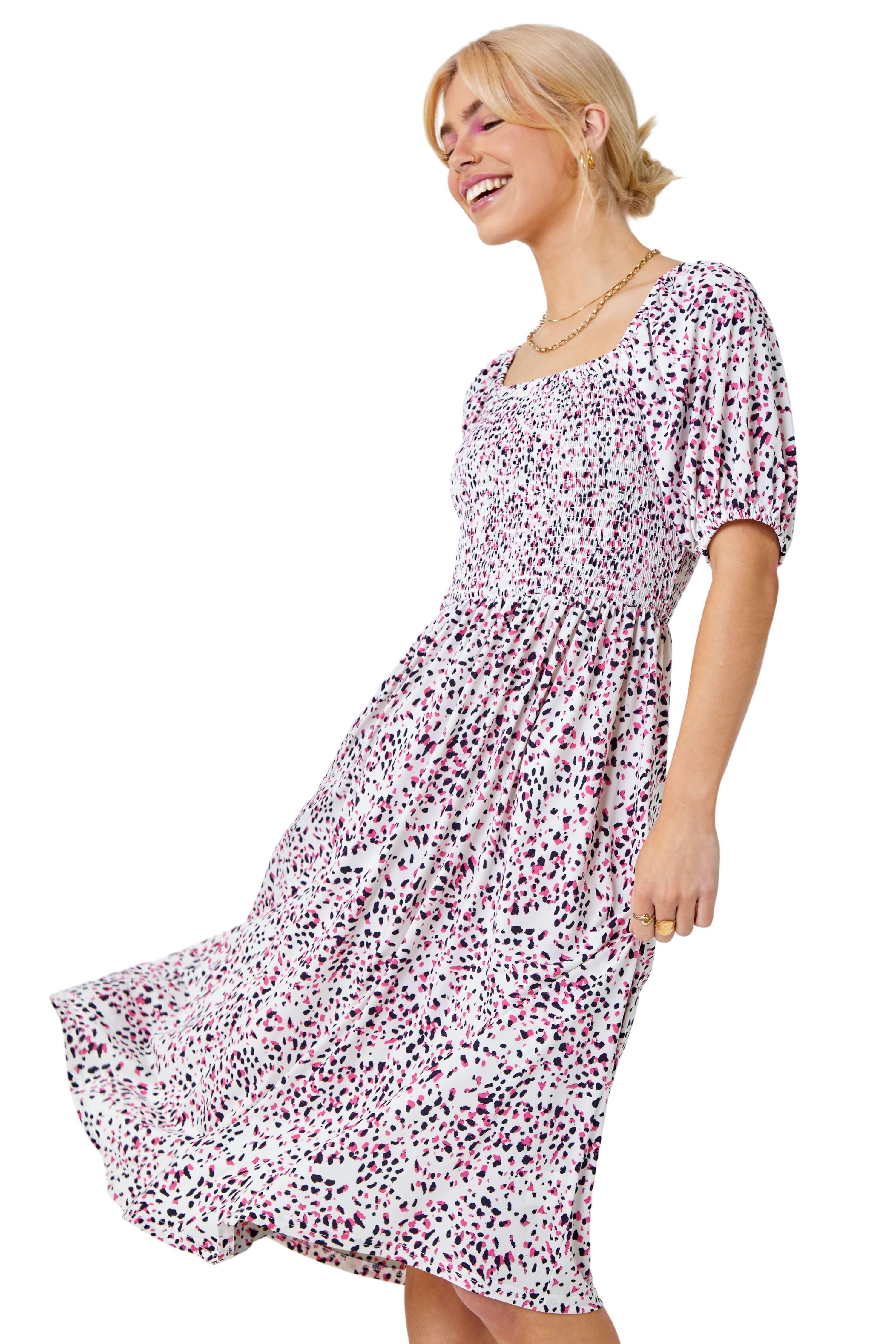 Ditsy Spot Print Shirred Dress