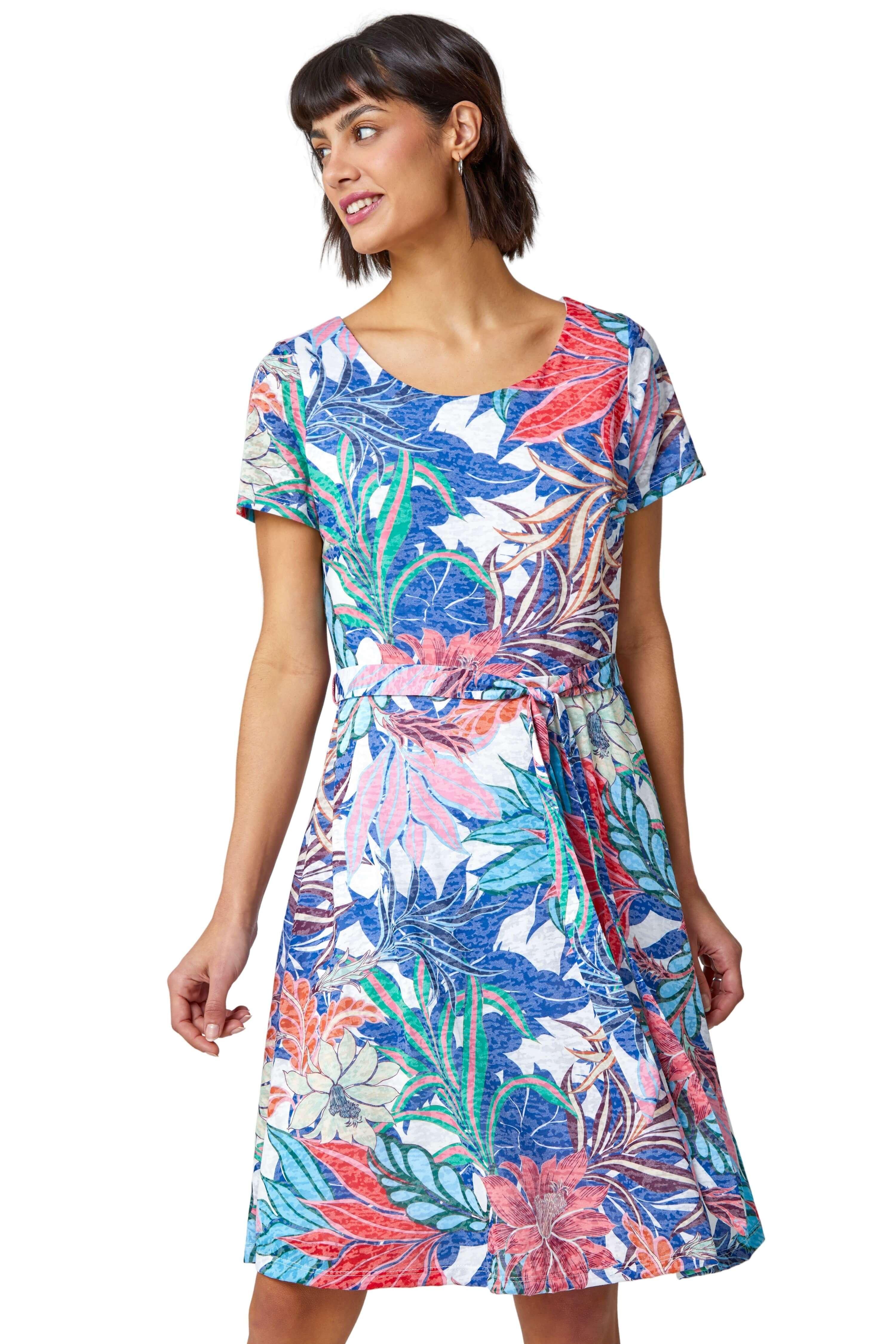 Tropical Burnout Print Belted Dress