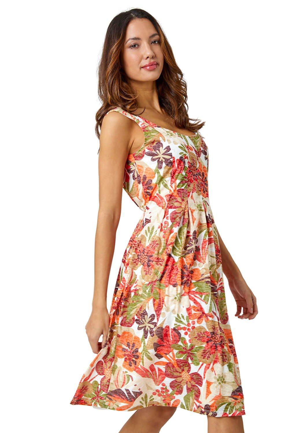 Sleeveless Tropical Pleated Stretch Dress