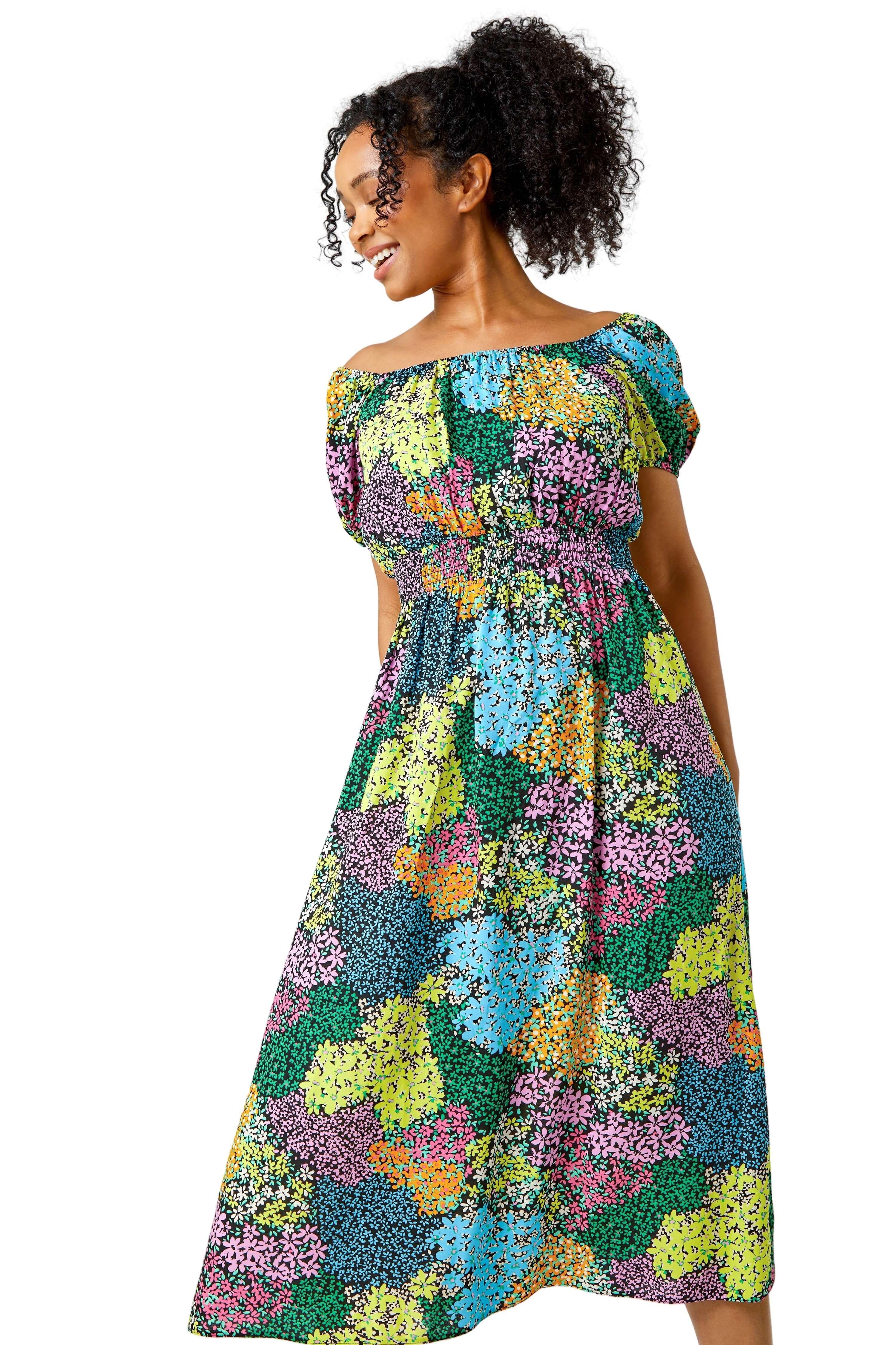 Petite Ditsy Floral Shirred Midi Dress