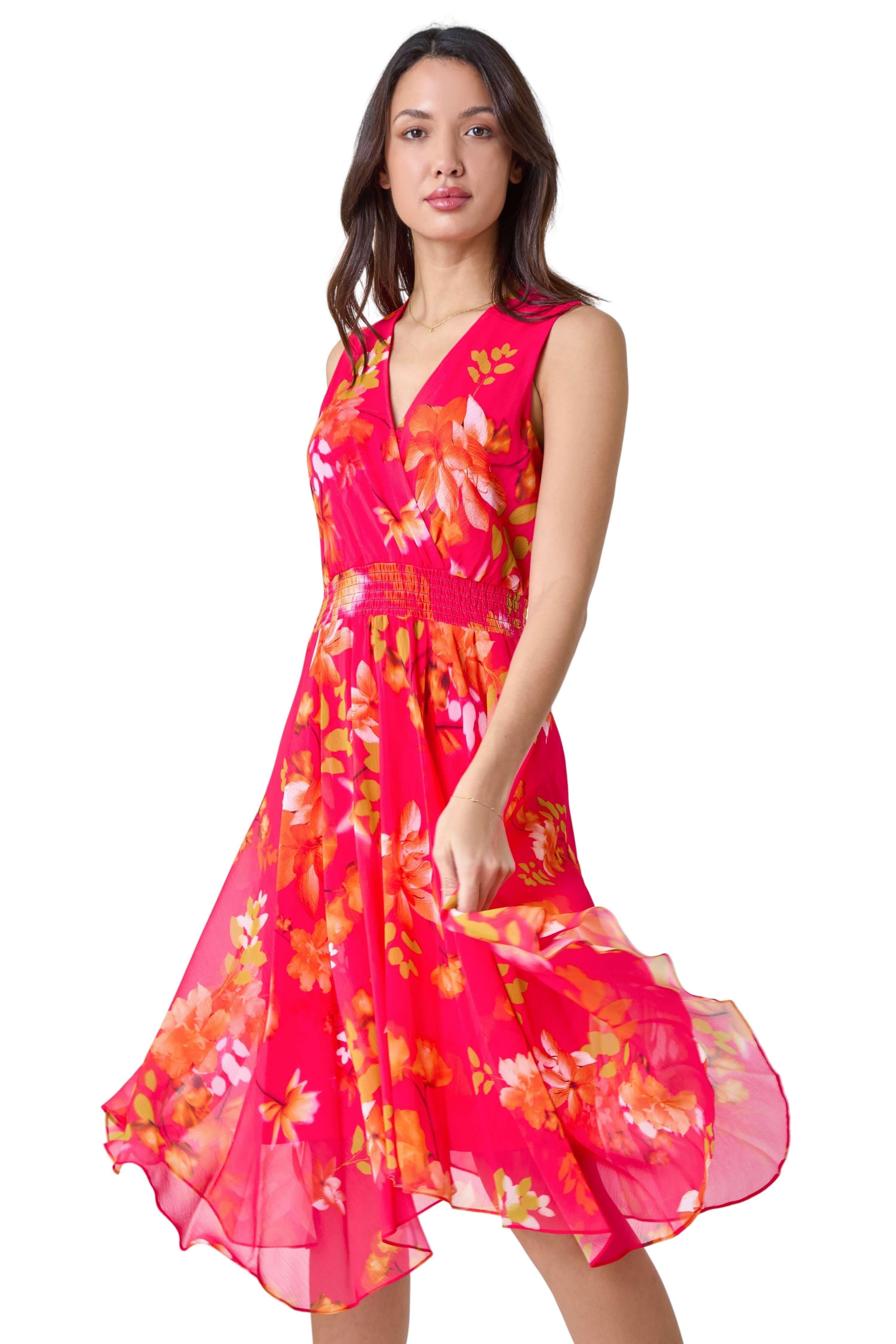 Floral Print Shirred Asymmetric Dress