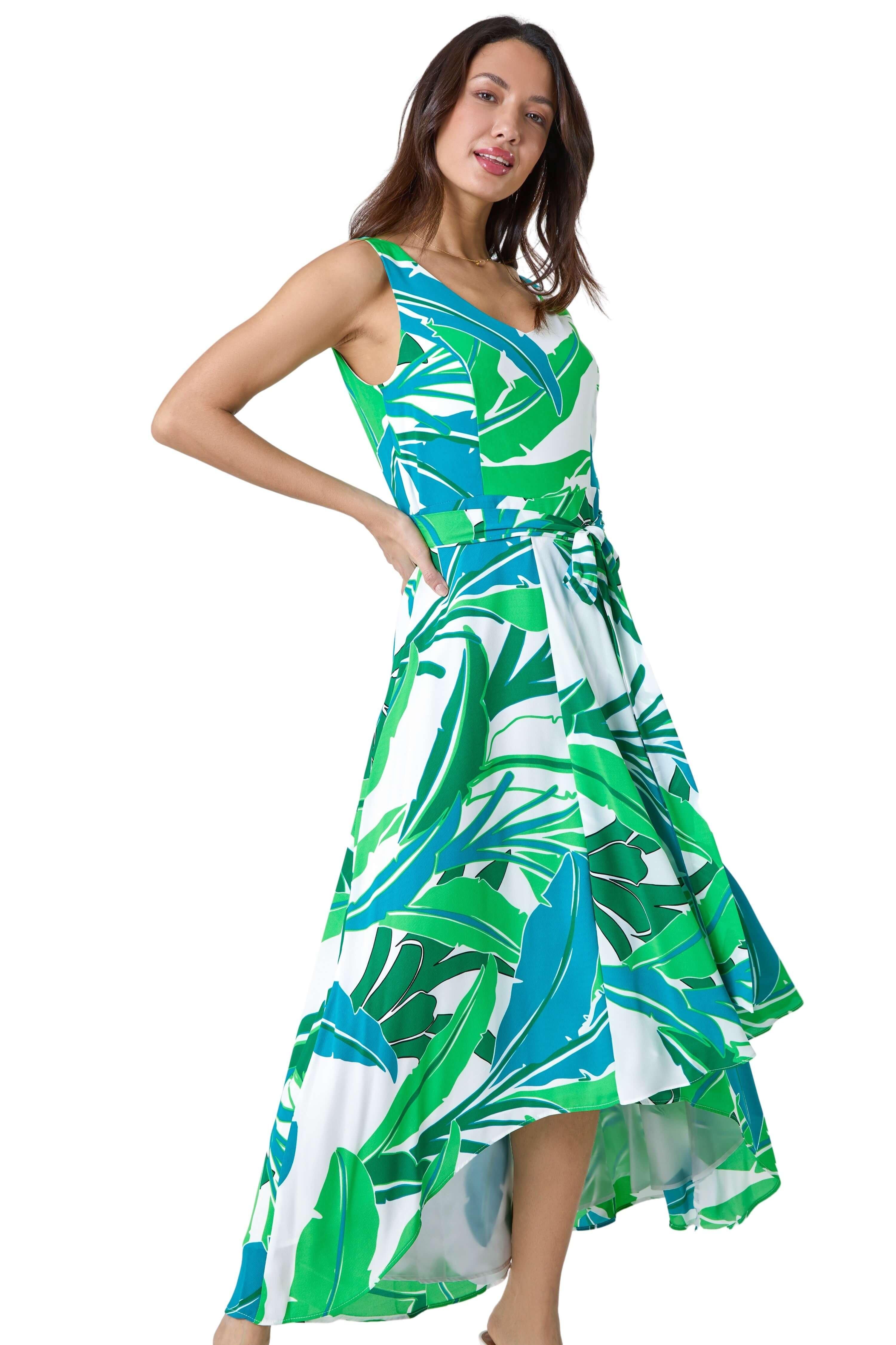 Sleeveless Palm Print High Low Maxi Dress