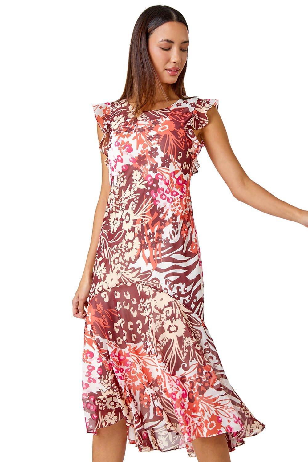 Floral Print Frill Detail Midi Dress