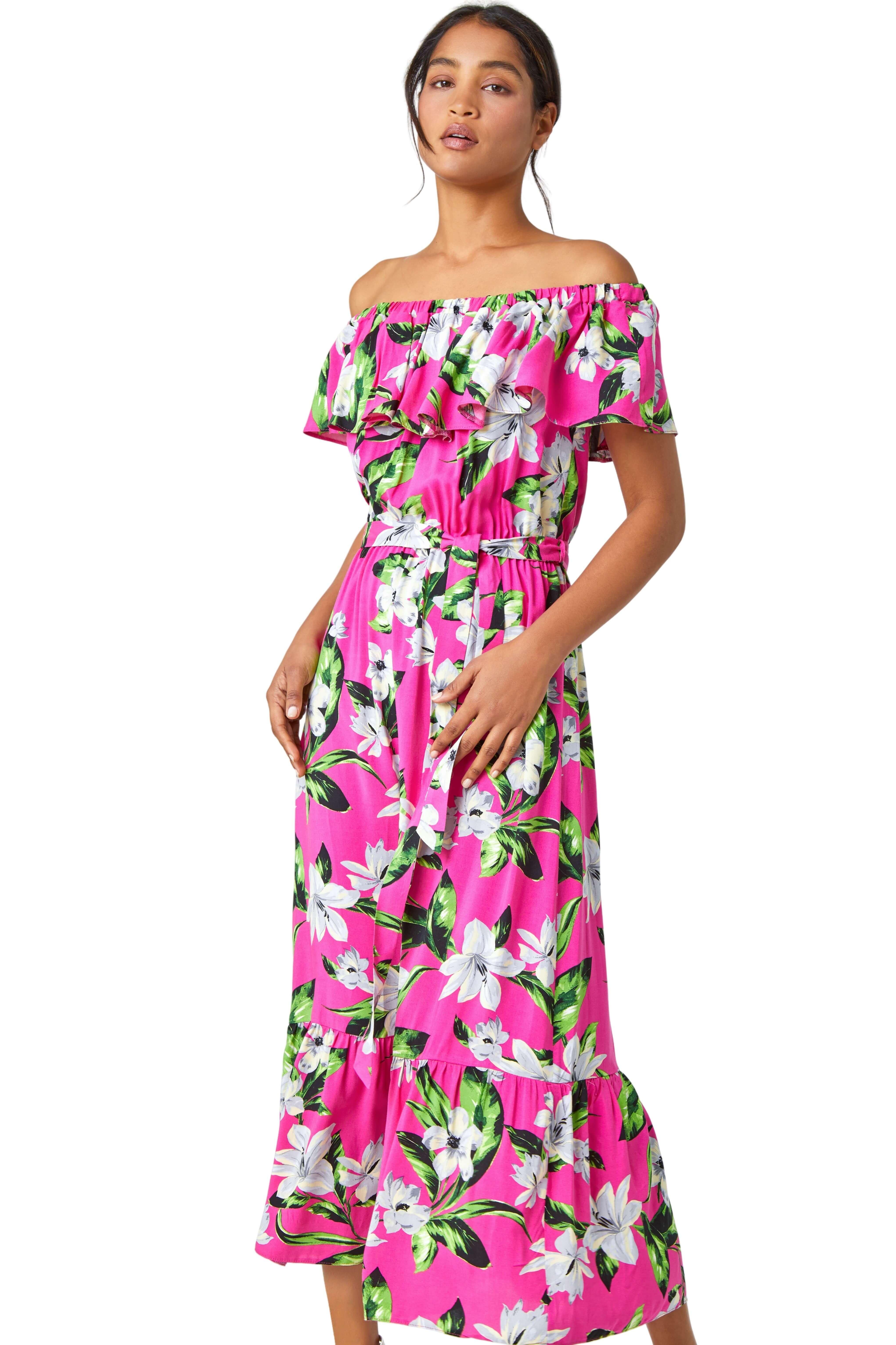 Tropical Bardot Stretch Midi Dress